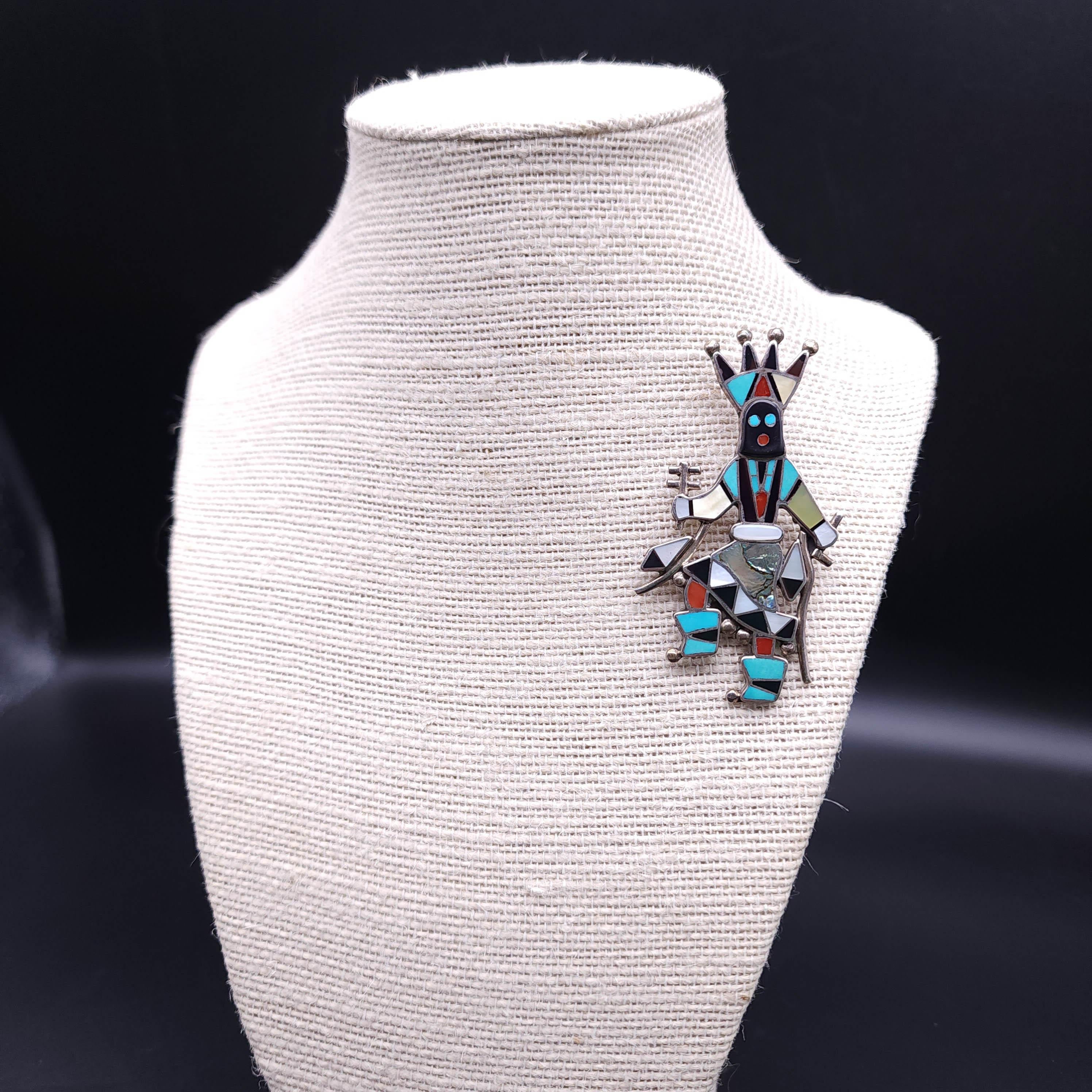 Colgante de alfiler de bailarina gan de los nativos americanos de Zuni, incrustación de mosaico de plata nativo estadounidense en venta