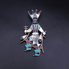 Zuni Native American Gan Dancer Pin Pendant, Silver Mosaic Inlay