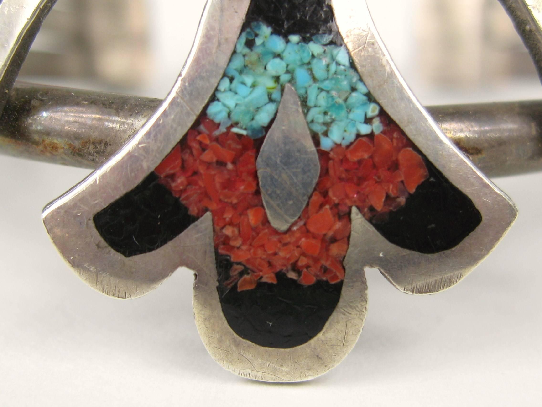 Zuni Native American Matrix Turquoise Coral Inlay Sterling Silver Cuff Bracelet  In Good Condition In Wallkill, NY