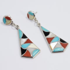 Zuni Native American Mosaic Dangle Earrings, Coral, Turquoise, Sterling Silver