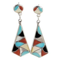Zuni Native American Mosaic Dangle Earrings, Coral, Turquoise, Sterling Silver