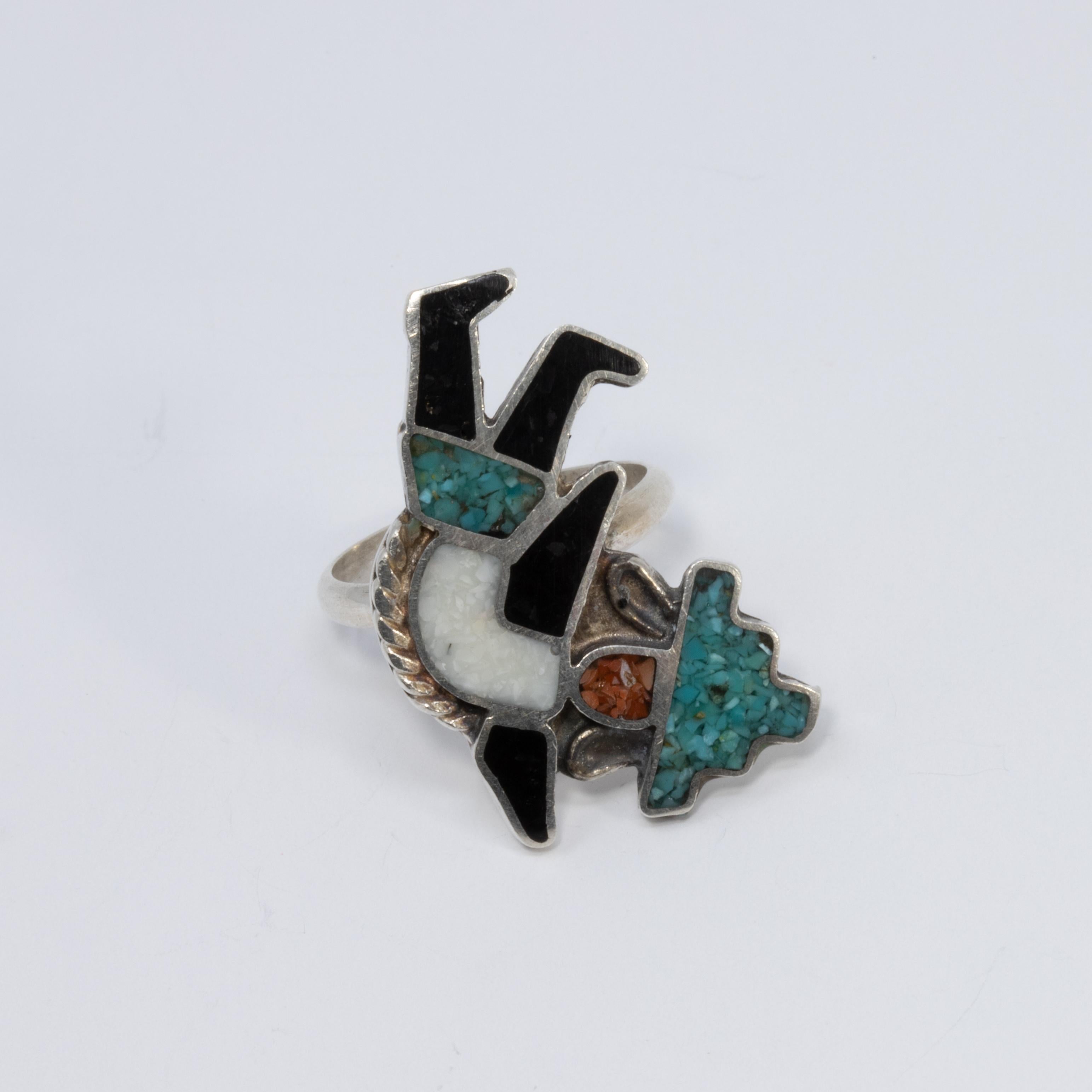 Zuni Native American Regenbogen-Man-Ring, Koralle, Türkis, Sterlingsilber (Indigene Kunst (Nord-/Südamerika)) im Angebot