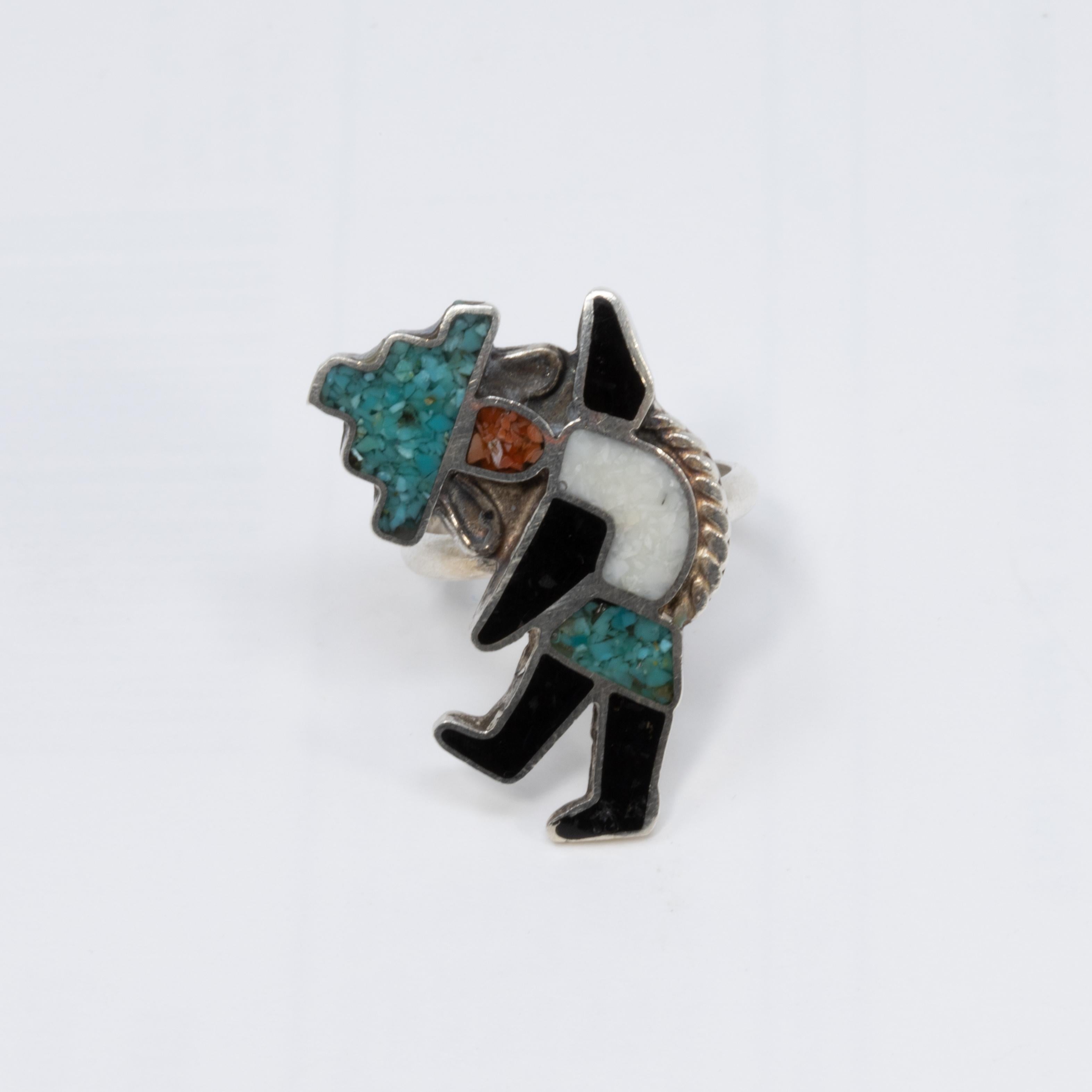 Zuni Native American Regenbogen-Man-Ring, Koralle, Türkis, Sterlingsilber im Zustand „Gut“ im Angebot in Milford, DE