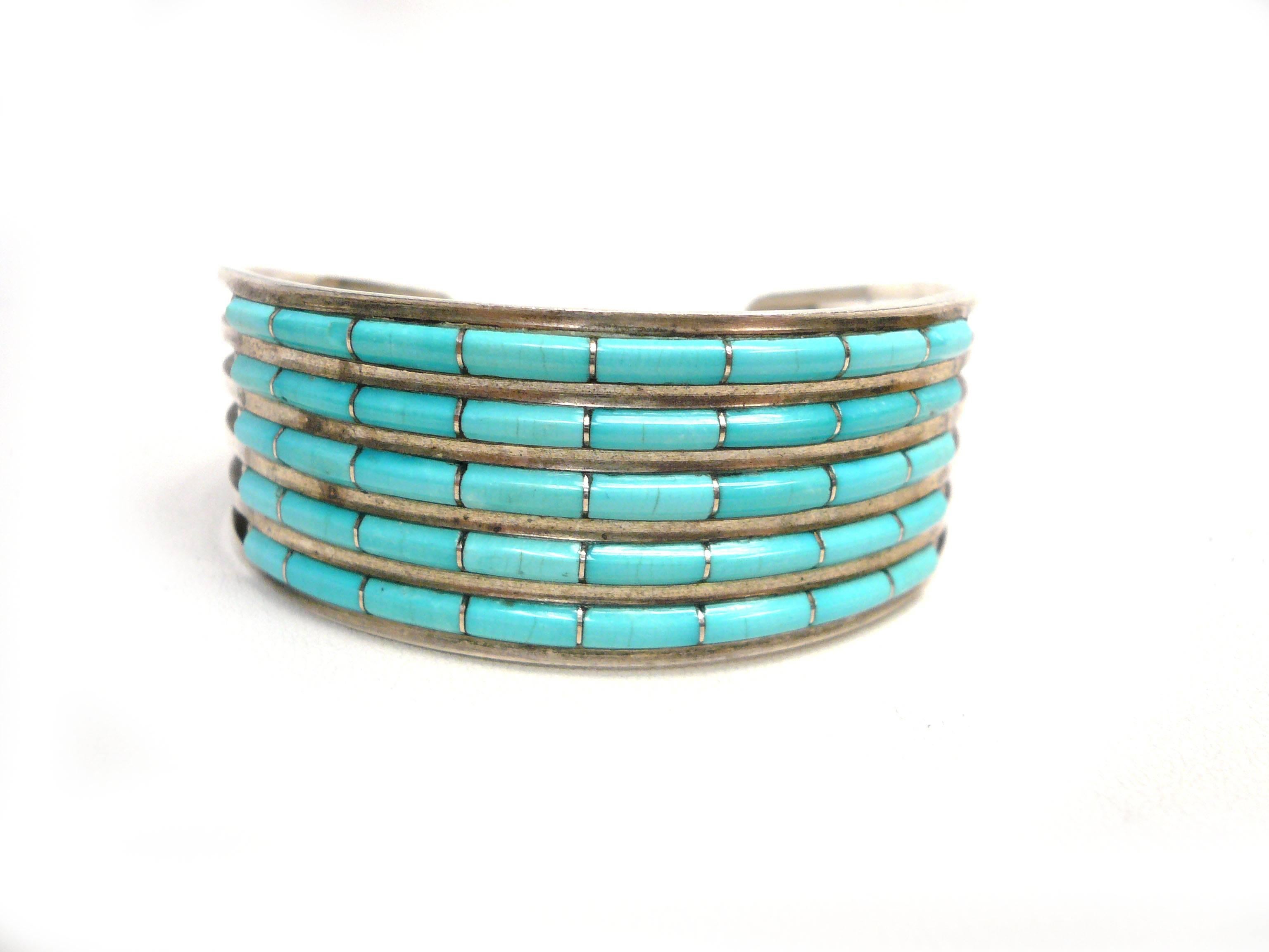 Zuni Native American Signed ALW Silver and Turquoise Cuff Bracelet For Sale 2