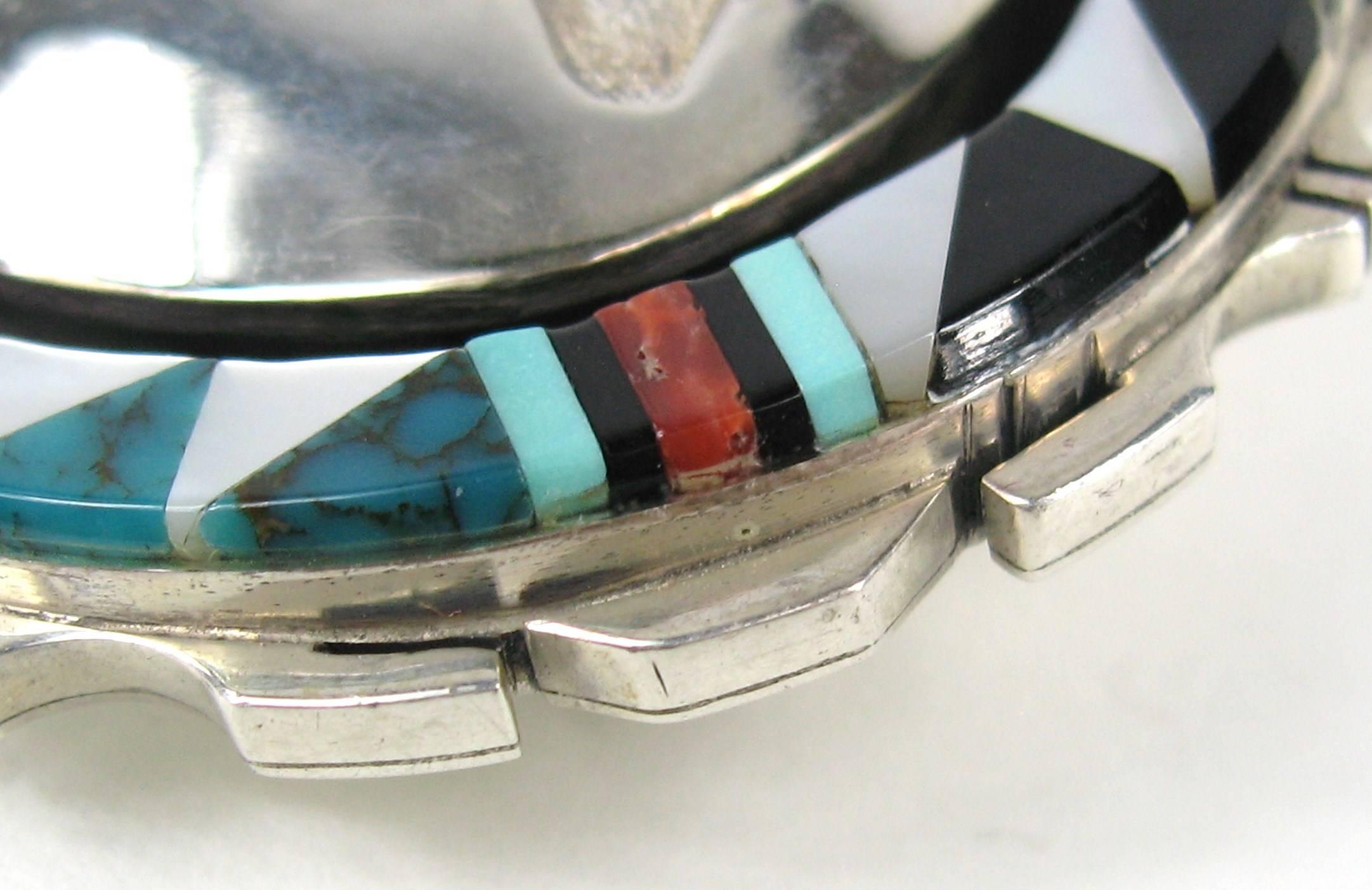 ZUNI Native American Sterling Silver Bear Inlaid Coral & Turquoise Pendant Pin  In Good Condition For Sale In Wallkill, NY