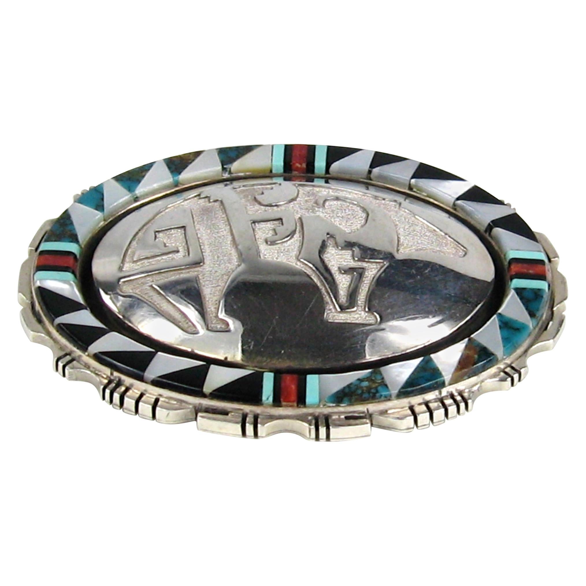 ZUNI Broche pendentif amérindienne en argent sterling incrustée d'ours en corail et turquoise 