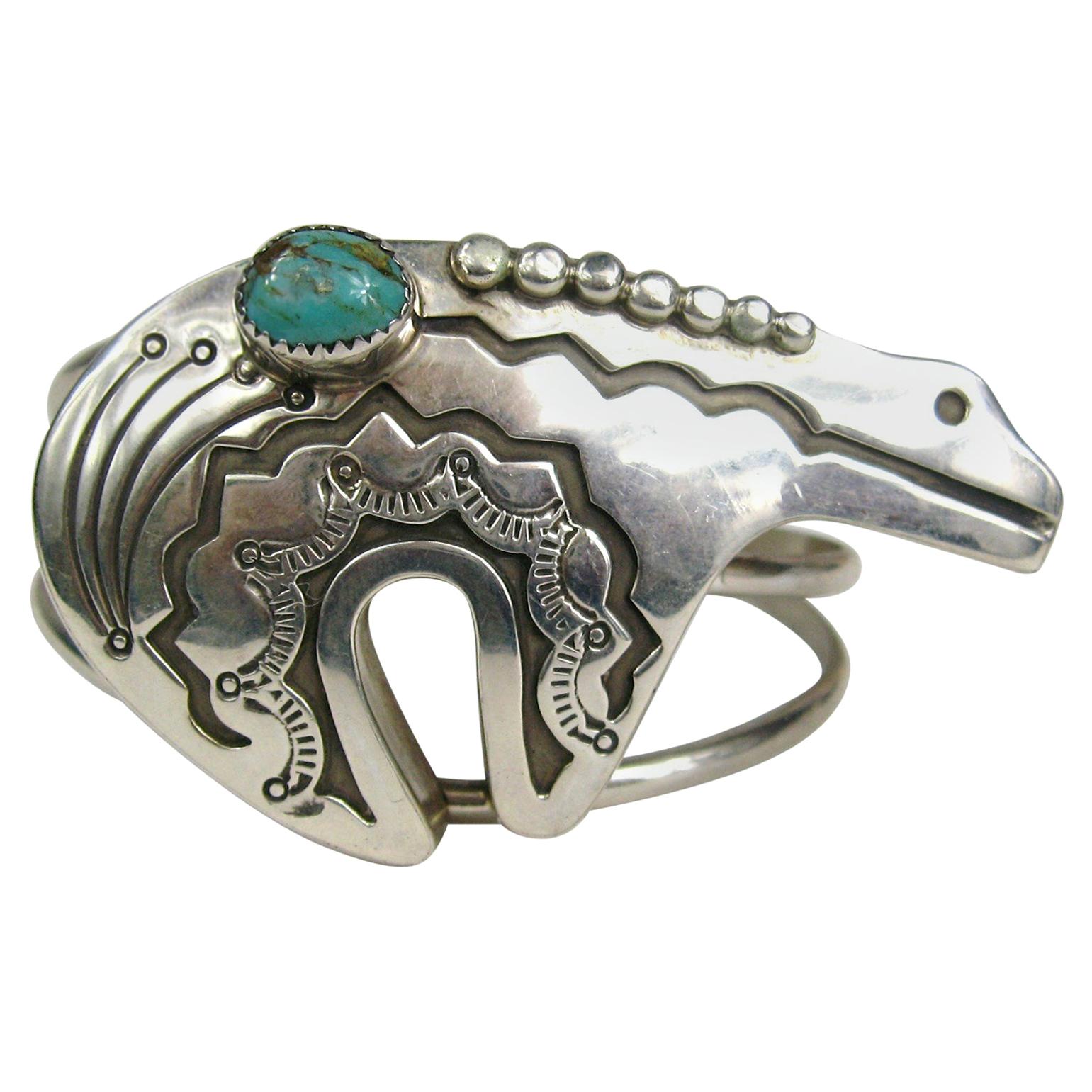 Zuni Native American Sterling Silver Turquoise Bear Cuff Bracelet 