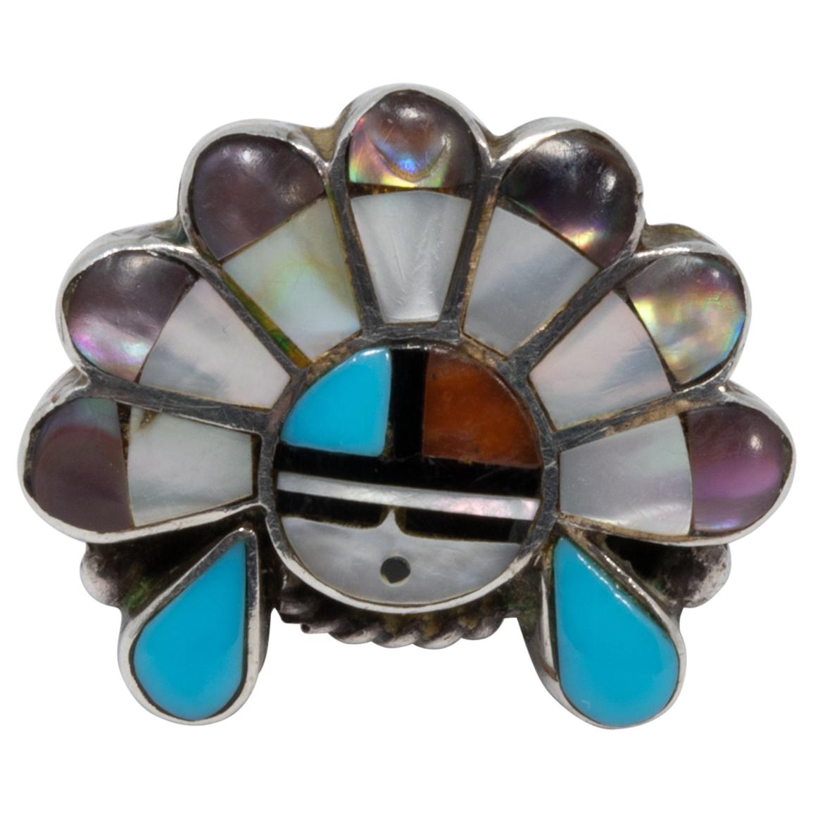 Zuni Native American Sun Face Ring, Turquoise, Coral, Abalone Ring Size US 5 For Sale