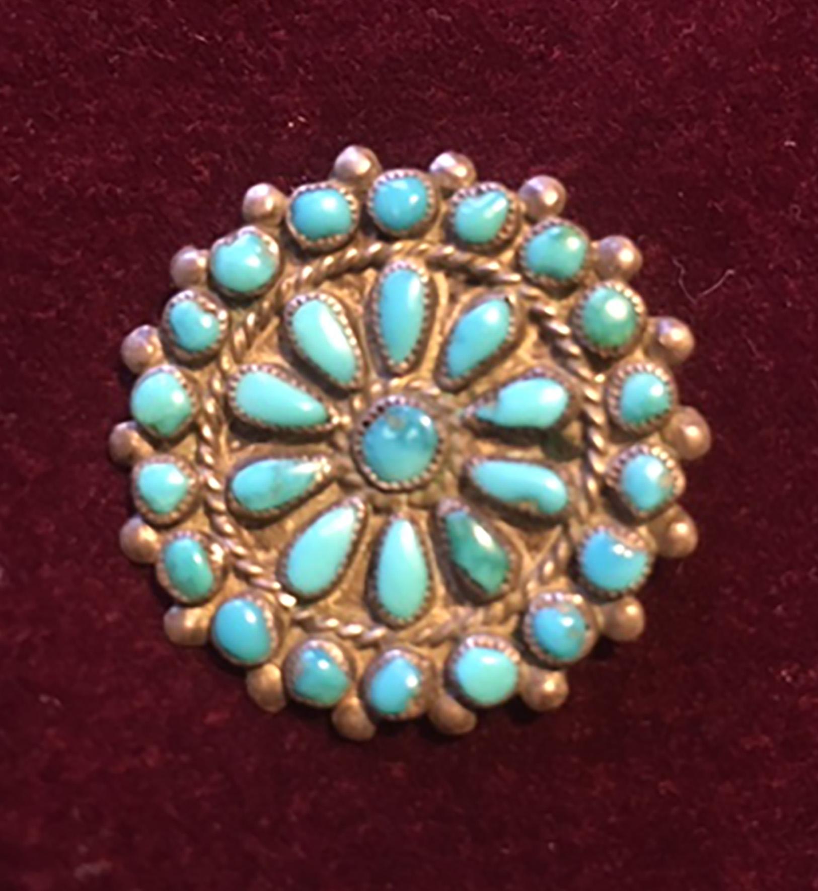 American Craftsman Zuni Navajo Silver and Turquoise Brooch For Sale