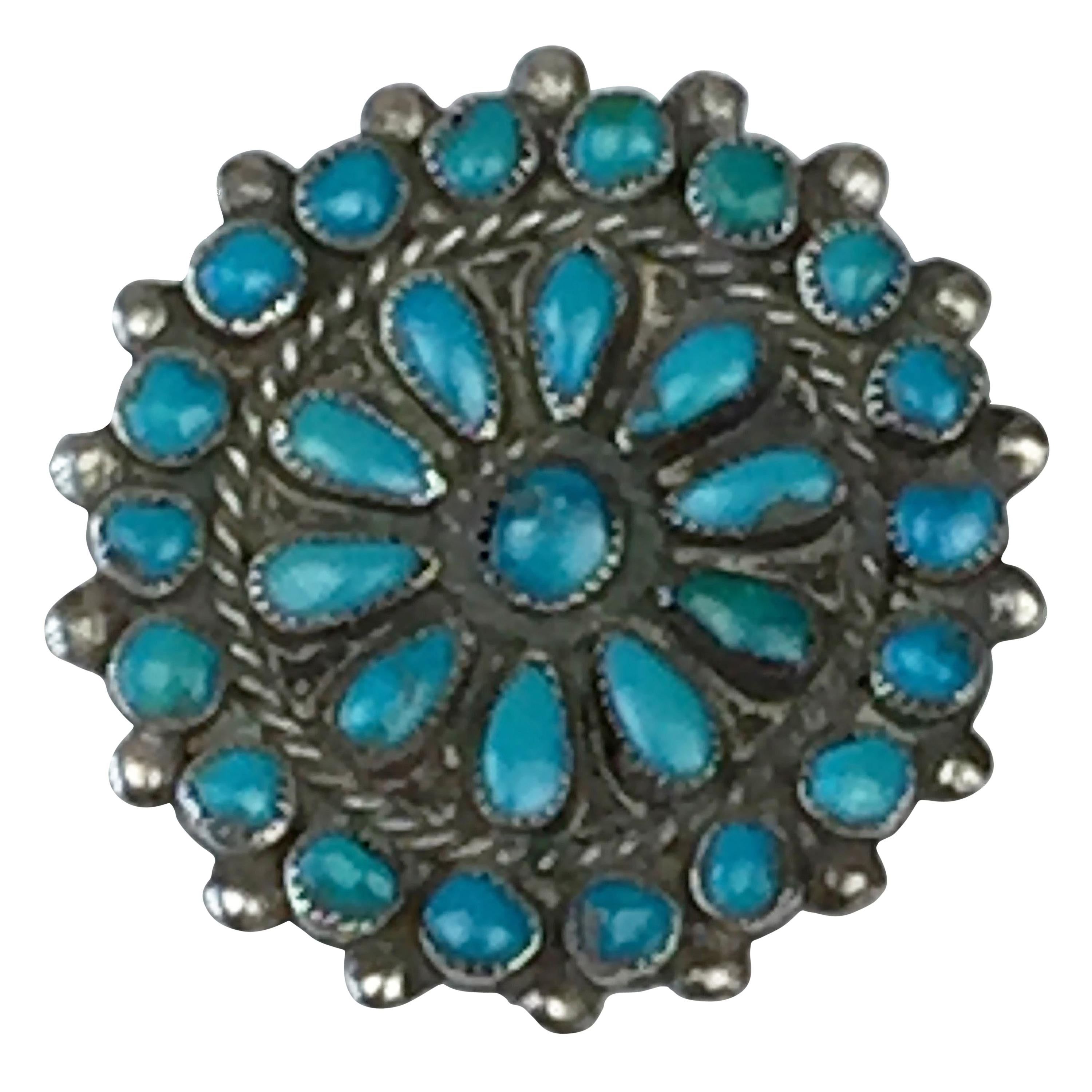Zuni Navajo Silver and Turquoise Brooch For Sale