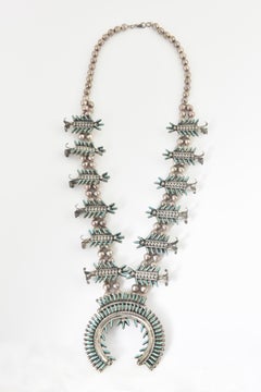 Zuni Needlepoint Turquoise and Silver Squash Blossom Necklace by J. S. Bellson