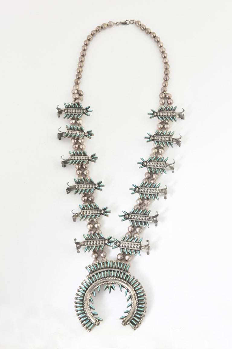 Zuni Needlepoint Turquoise and Silver Squash Blossom Necklace by J. S