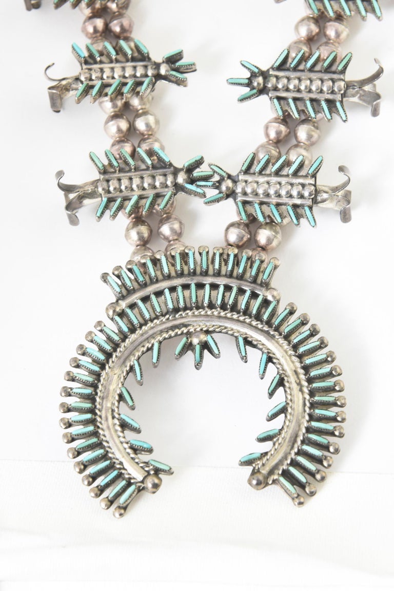 Zuni Needlepoint Turquoise and Silver Squash Blossom Necklace by J. S