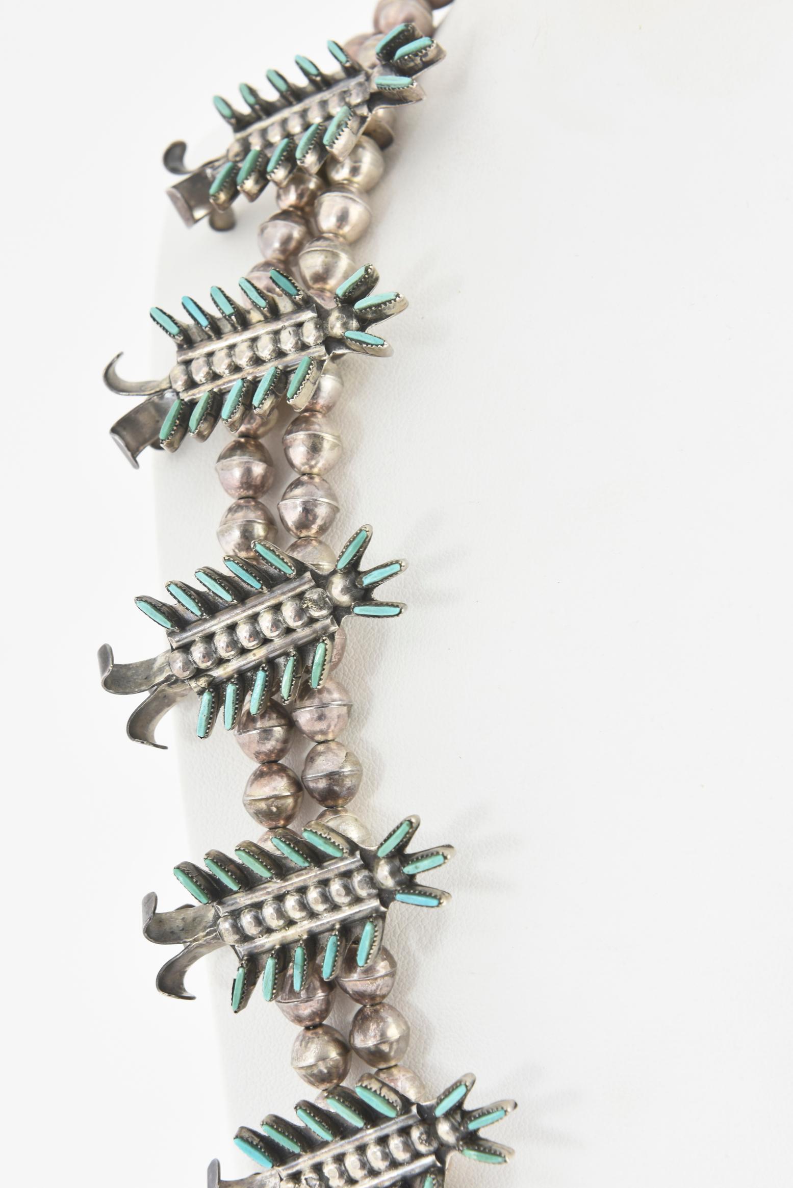 Zuni Needlepoint Turquoise and Silver Squash Blossom Necklace by J. S. Bellson In Good Condition In Miami Beach, FL