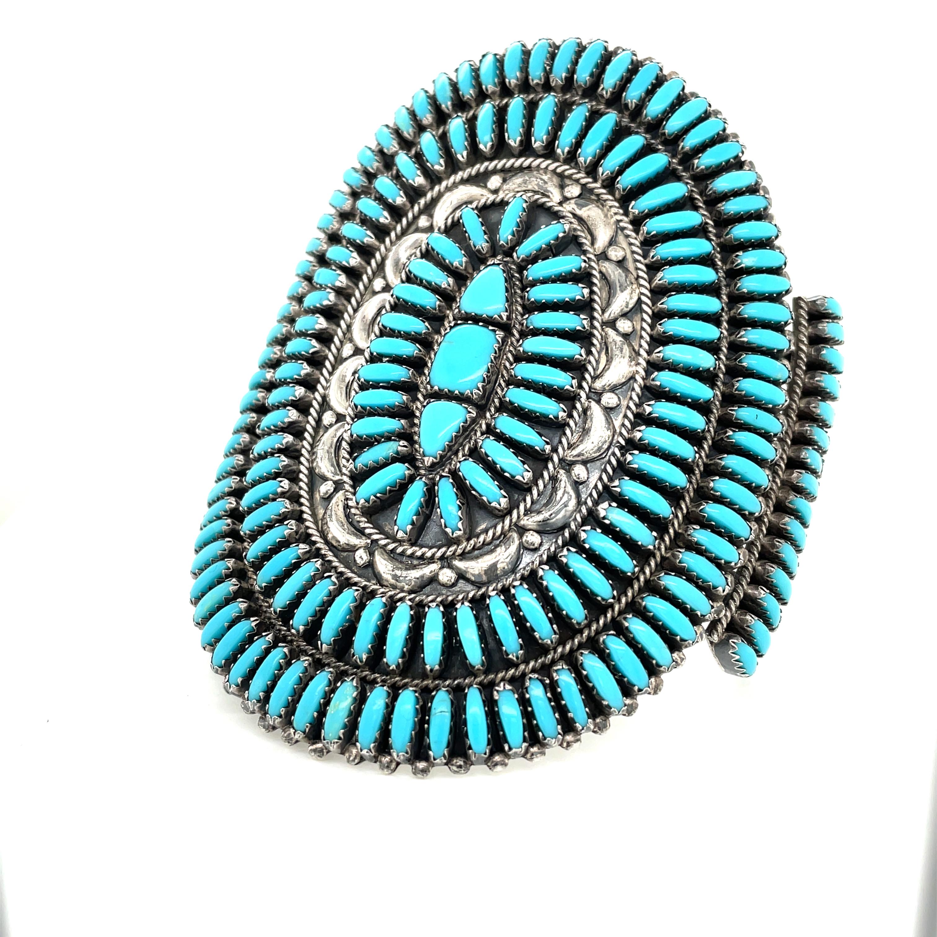 Zuni Needlepoint Turquoise Cluster Cuff Sterling Silver Bracelet 2