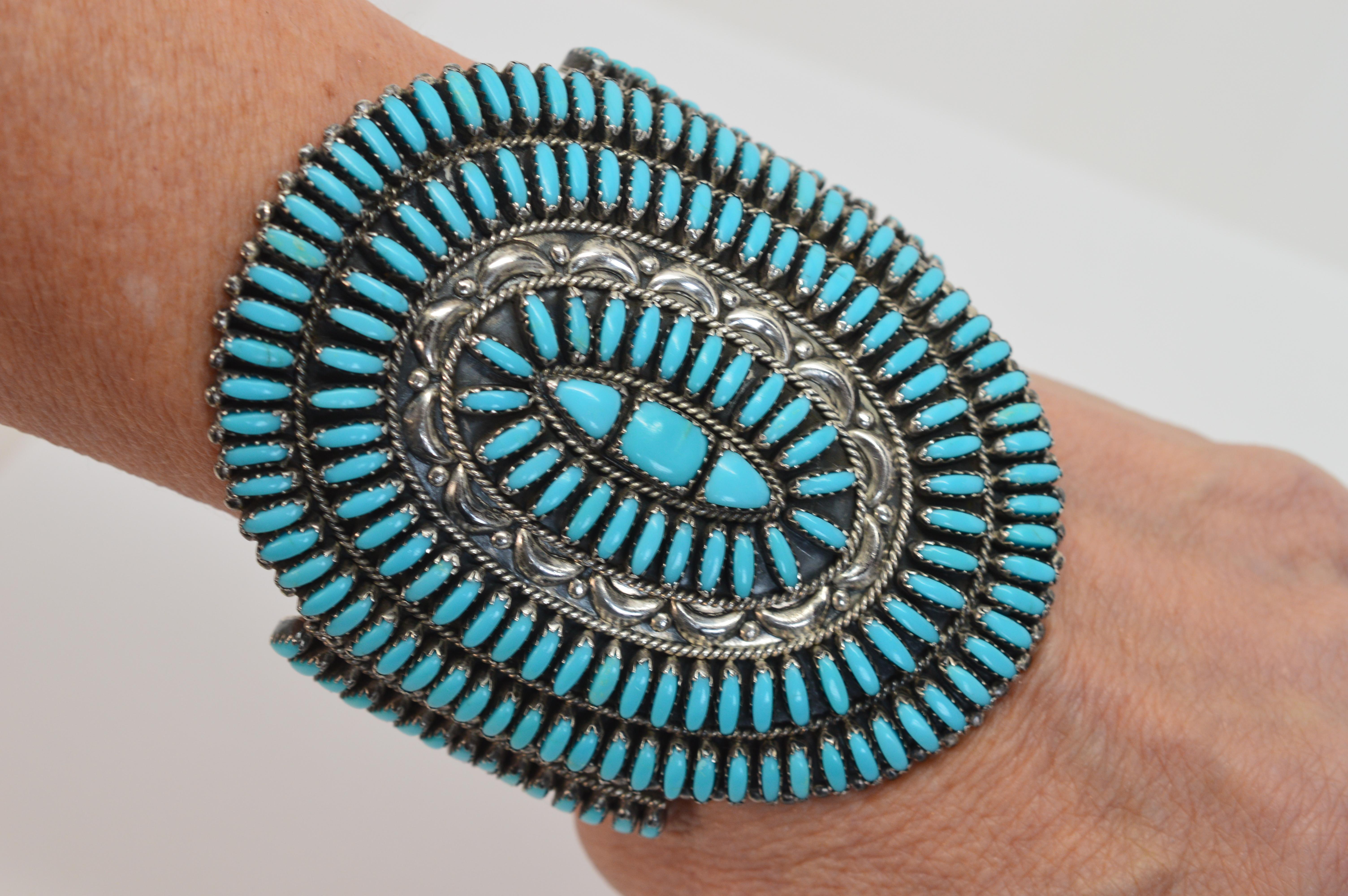 Native American Zuni Needlepoint Turquoise Cluster Cuff Sterling Silver Bracelet