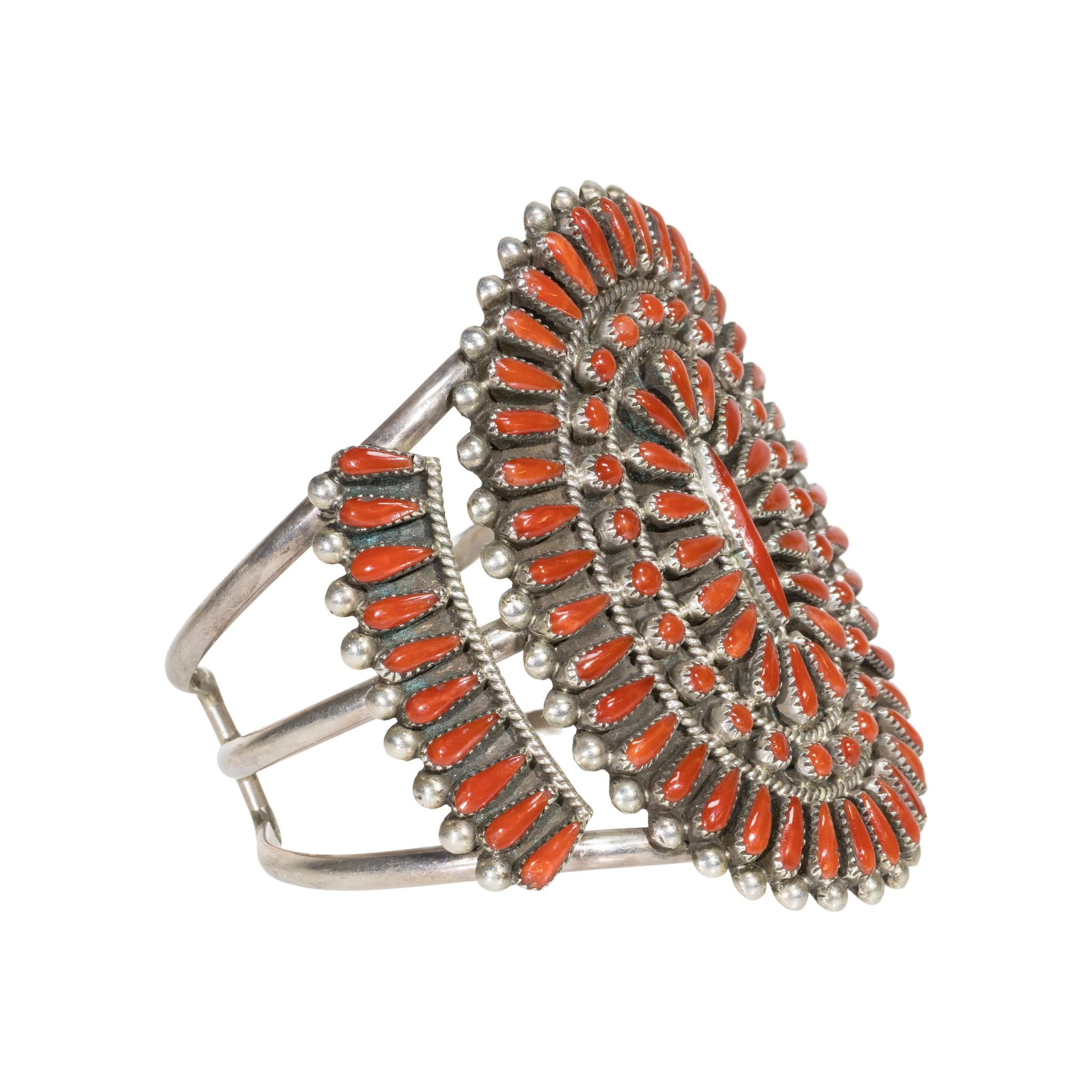 Mixed Cut Zuni Petit Point Cluster Coral Cuff Bracelet For Sale