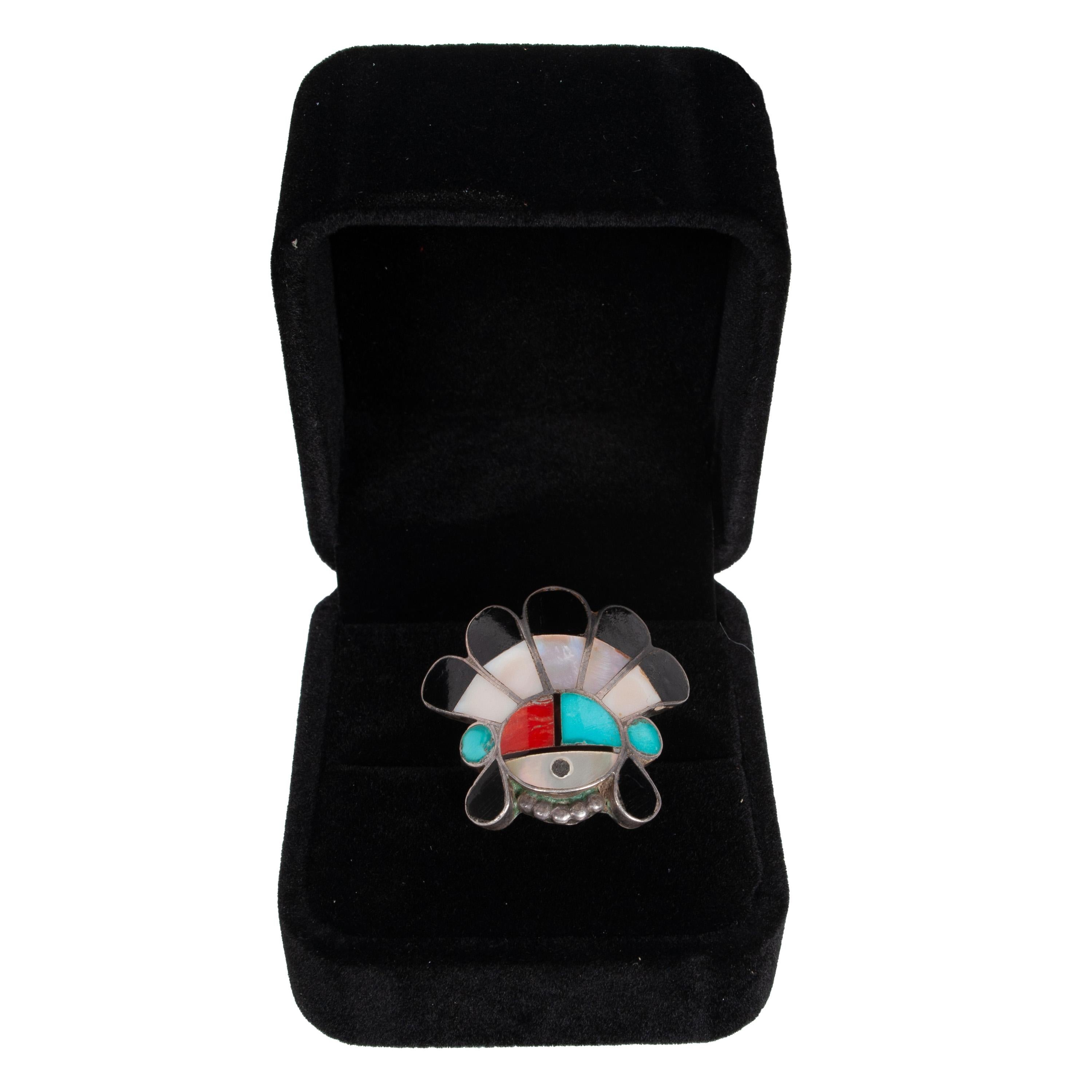 Zuni Pueblo Collar con incrustaciones de plata Sunface Pulsera Anillo de Burdian Eustace 1960 en venta 2
