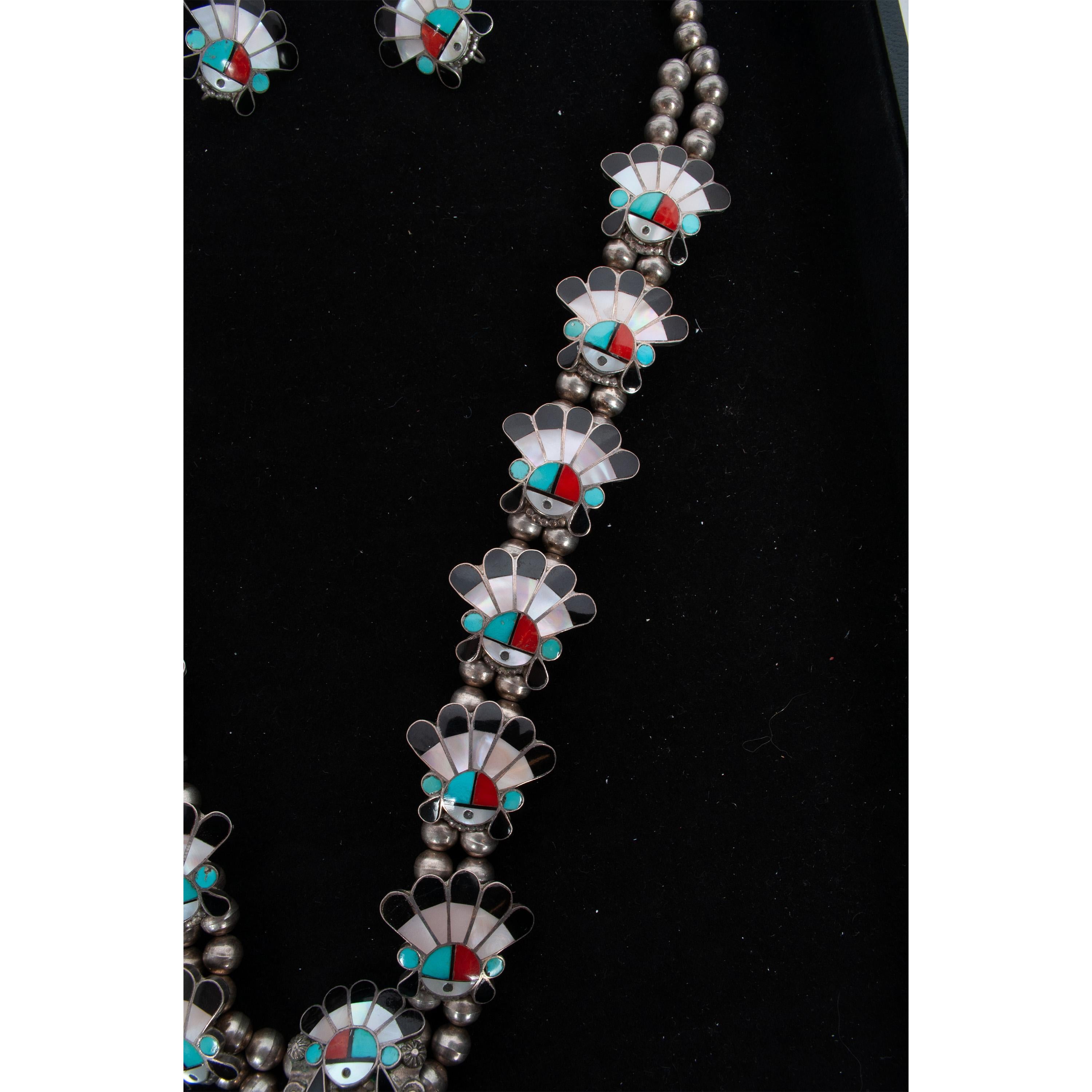Zuni Pueblo Collar con incrustaciones de plata Sunface Pulsera Anillo de Burdian Eustace 1960 en venta 7