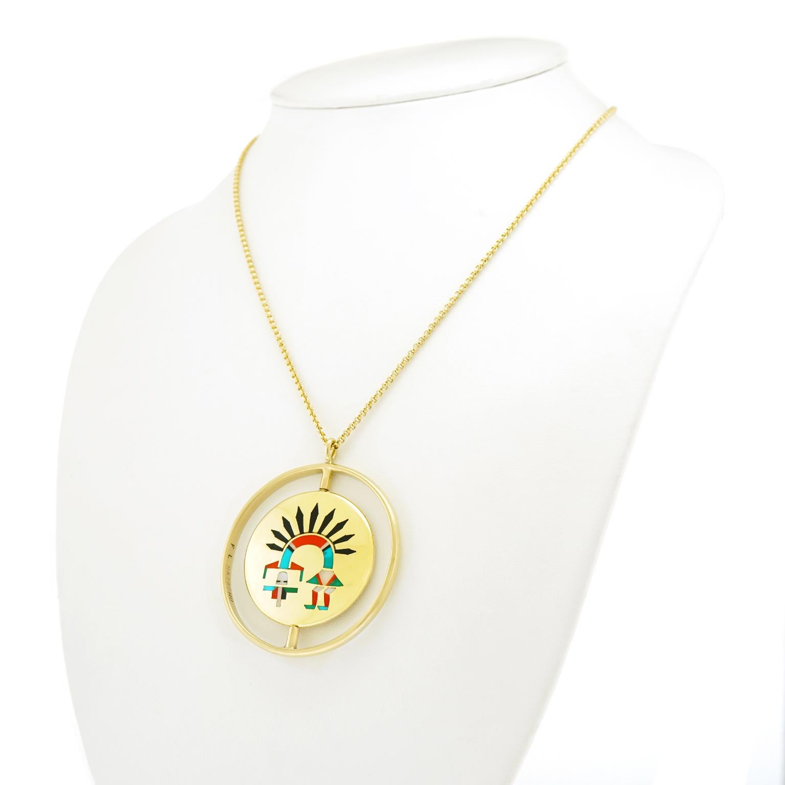 Zuni Rainbow Man / Sunface Gold Spinner Pendant 1