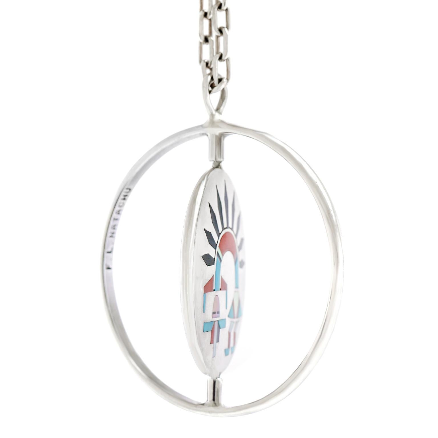 Zuni Rainbow Man / Sunface Sterling Spinner Pendant In Excellent Condition In Litchfield, CT