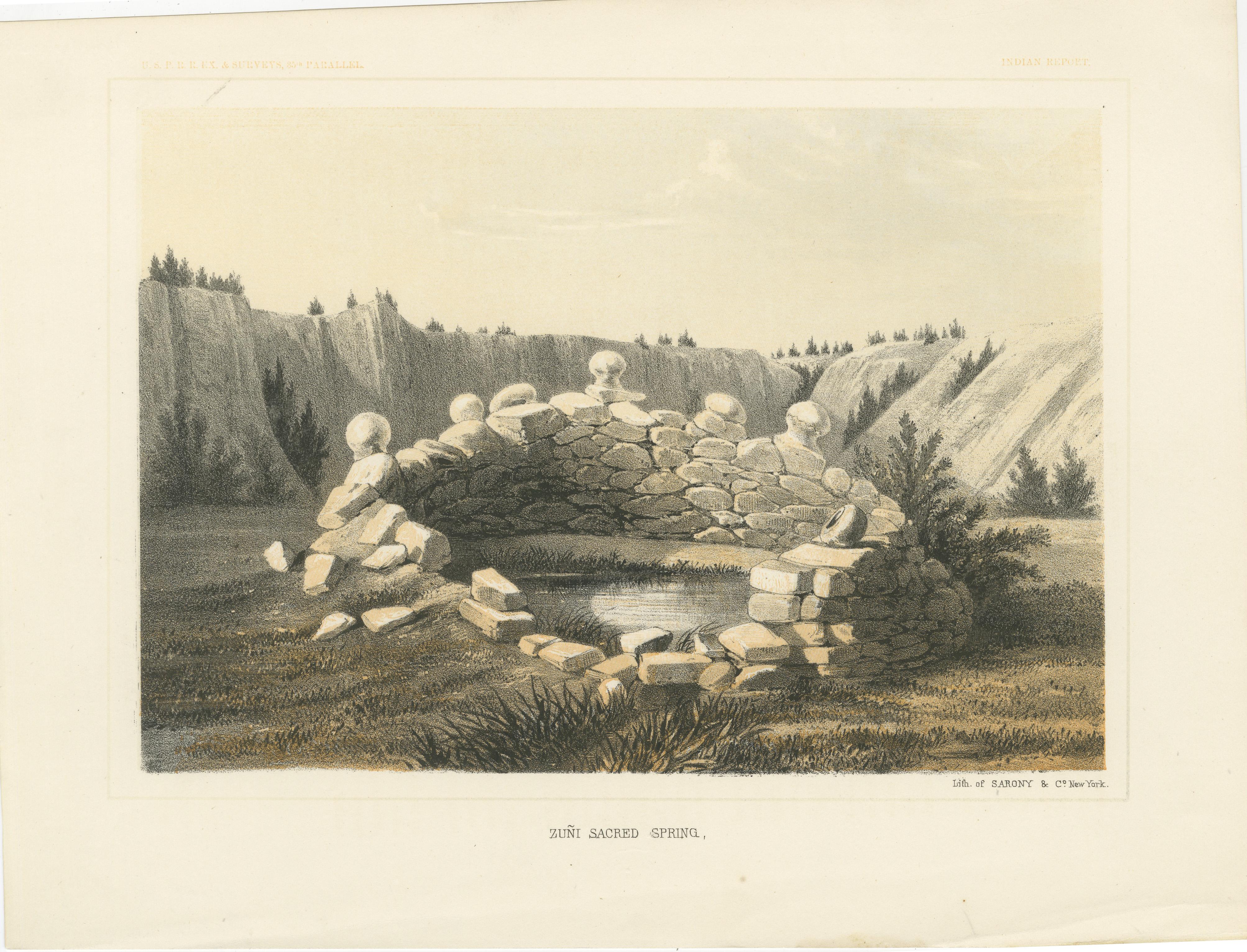 Titolo: Sorgente sacra di Zuni - Litografia tratta dall'indagine della ferrovia del Pacifico, 1856  

Descrizione: Questa litografia, 