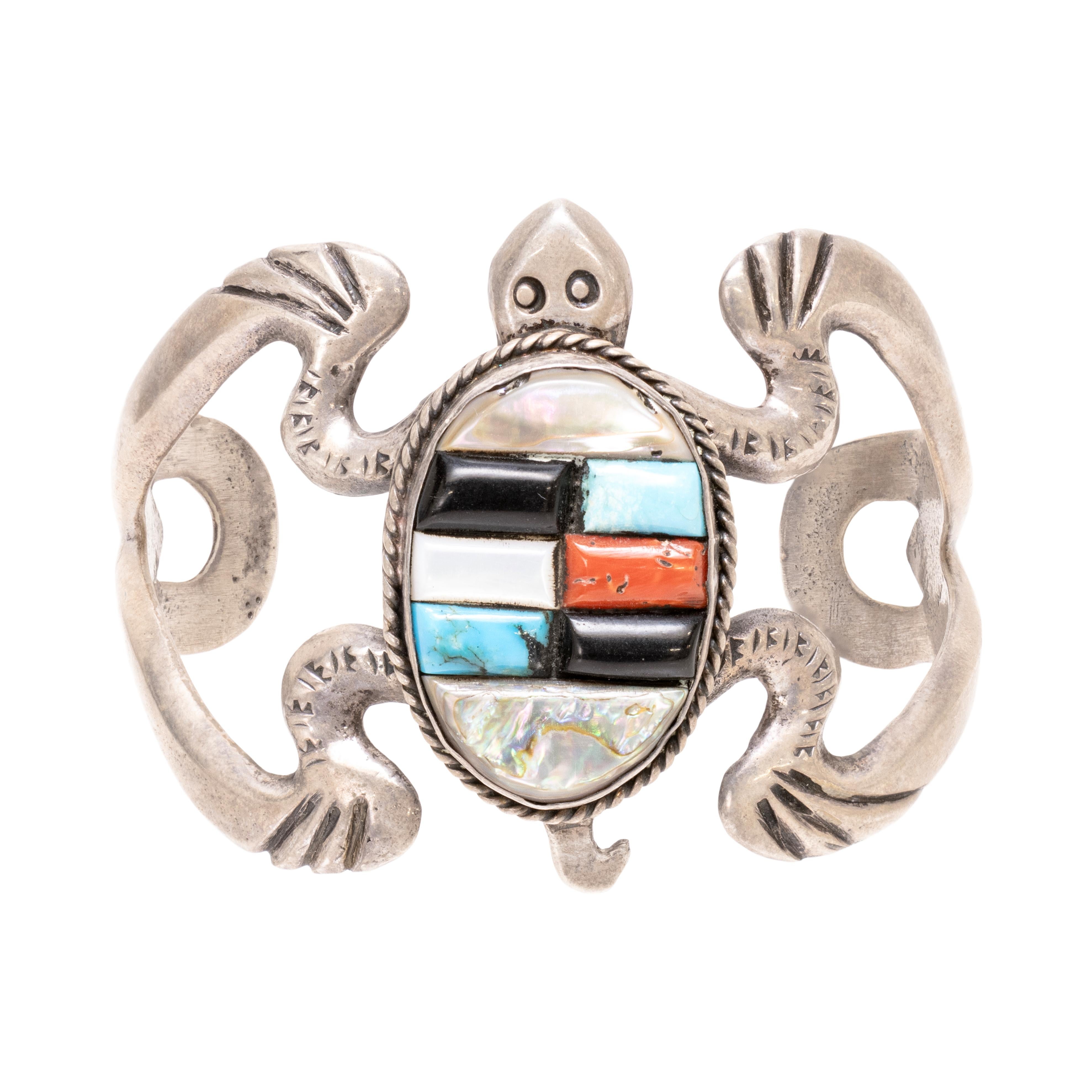 Native American Zuni Sandcast Turtle Bracelet For Sale