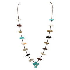 Zuni Silver and Carved Animal Onyx, Turquoise, MOP and Agate Fetish Necklace
