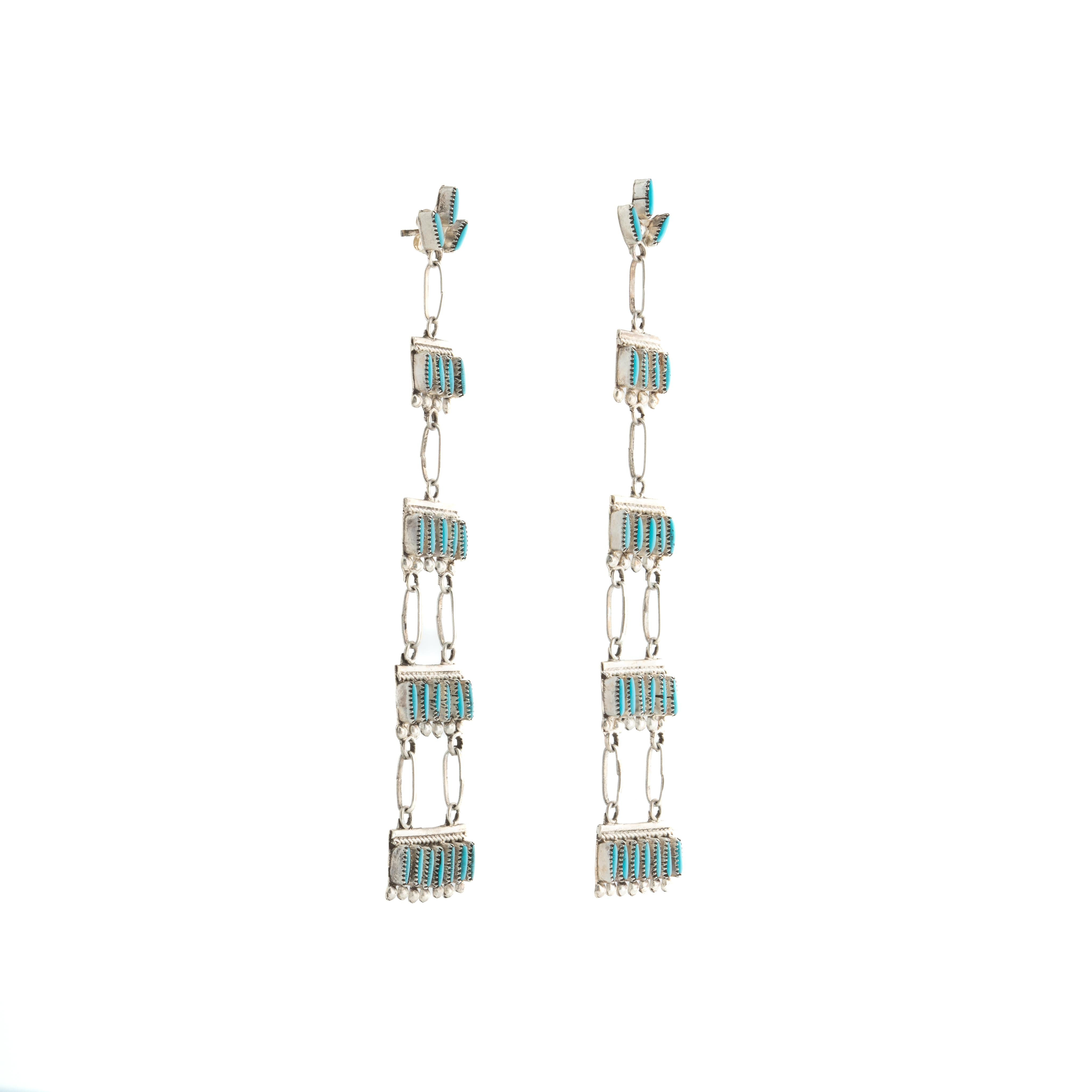 Native American Zuni Silver and Needlepoint Turquoise Raindrops and Rope Chandelier Earrings