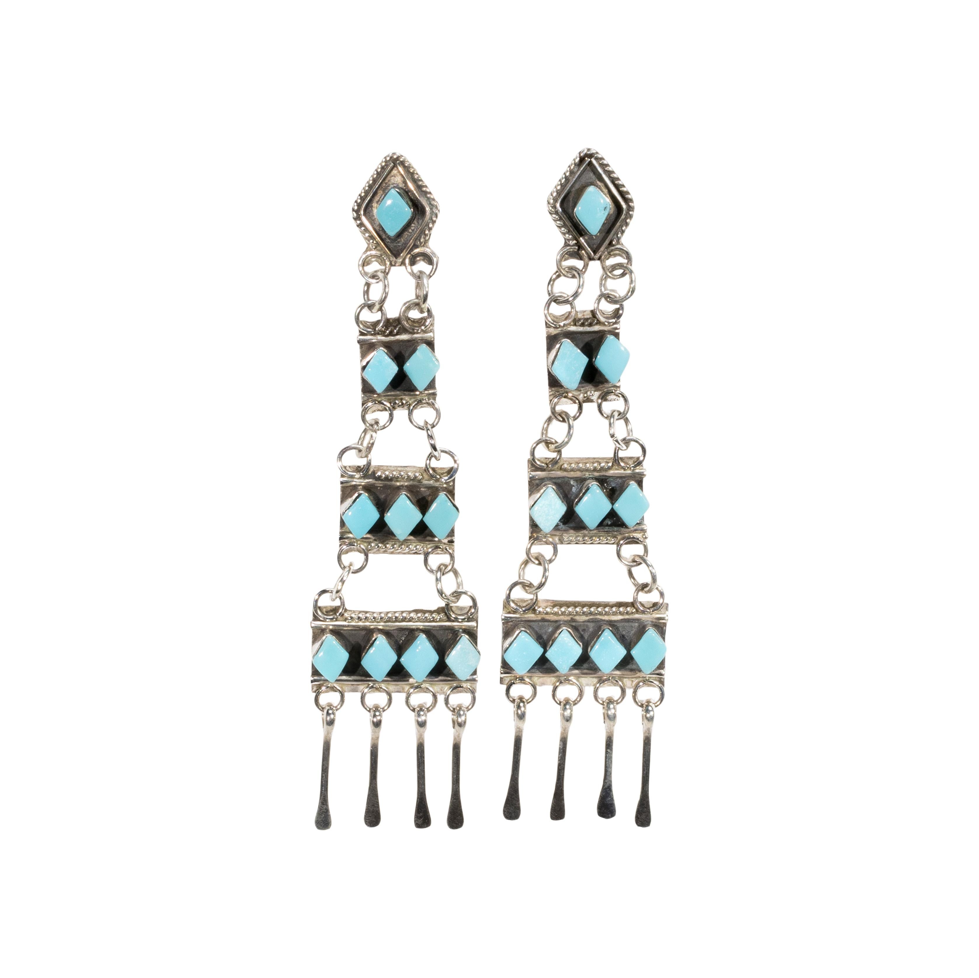Native American Zuni Sleeping Beauty Turquoise and Sterling Earrings For Sale