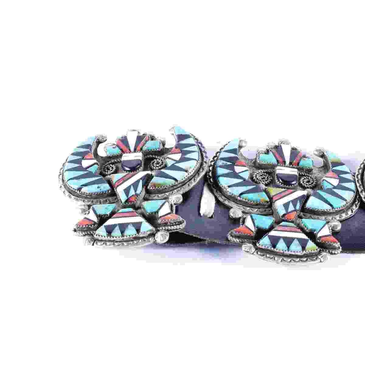 Zuni Squash Blossom Necklace, Concho Belt and Earrings For Sale at