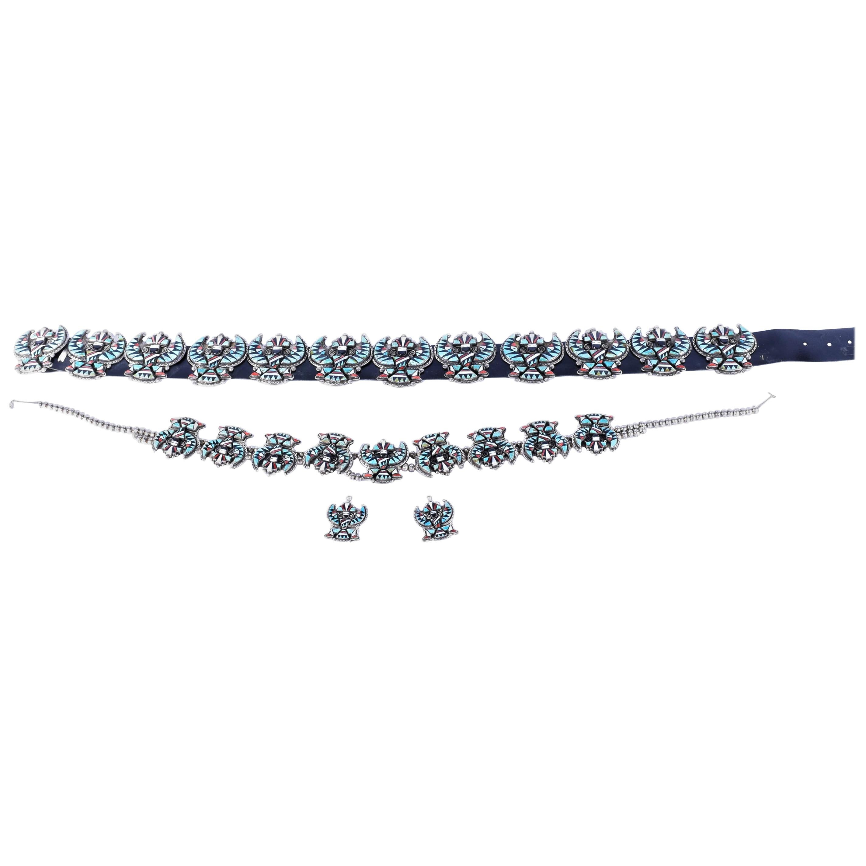 Zuni Squash Blossom Necklace, Concho Belt and Earrings For Sale at
