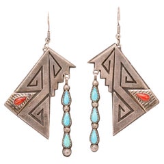 Used Zuni Sterling Silver and Coral Dangle Earrings