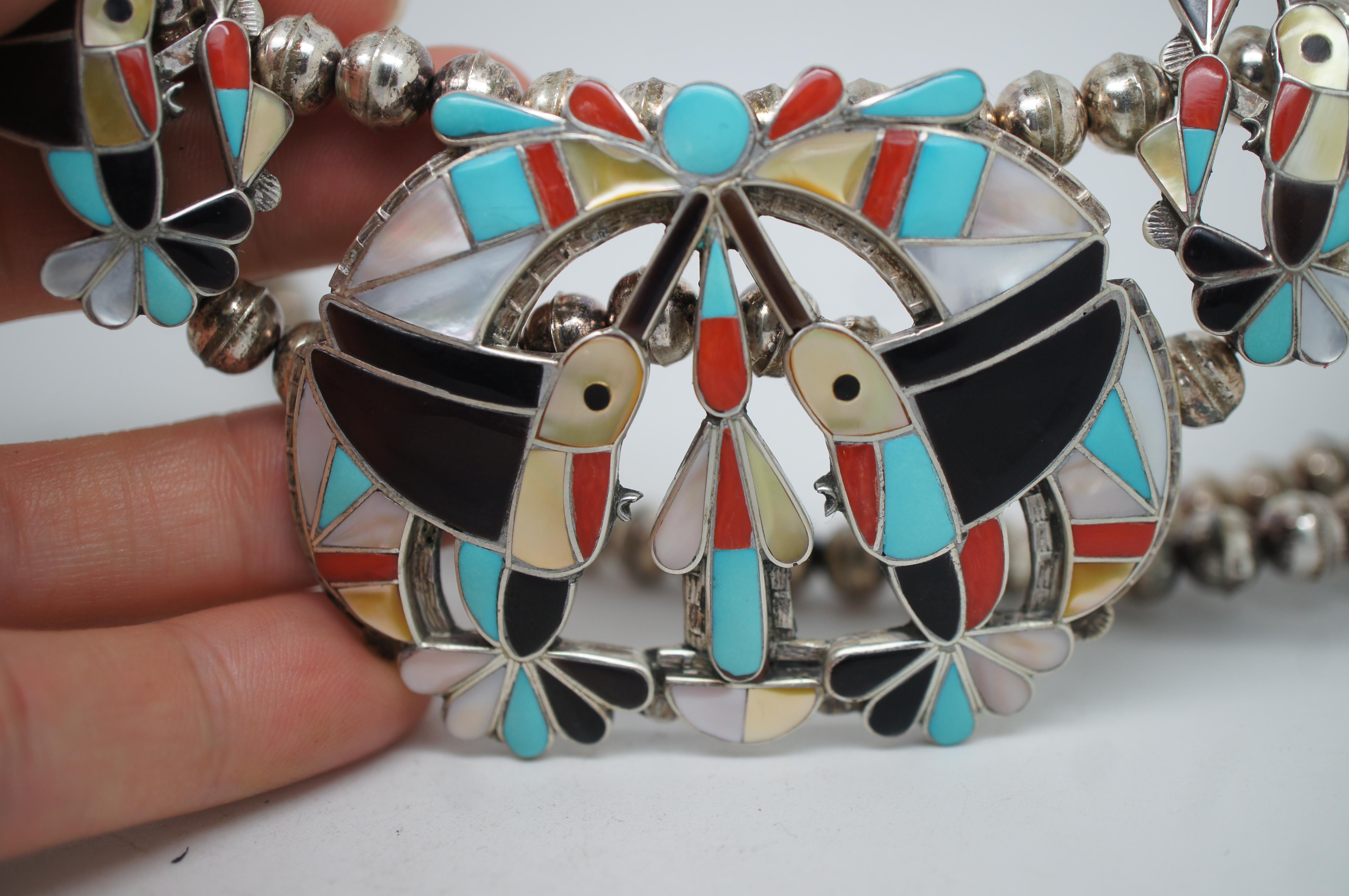 Zuni Sterling Silver Hummingbird Squash Blossom Necklace Bracelet Ring Earrings 5