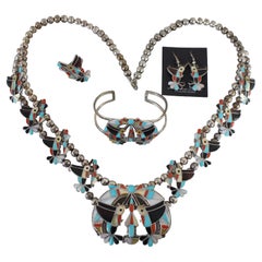 Retro Zuni Sterling Silver Hummingbird Squash Blossom Necklace Bracelet Ring Earrings