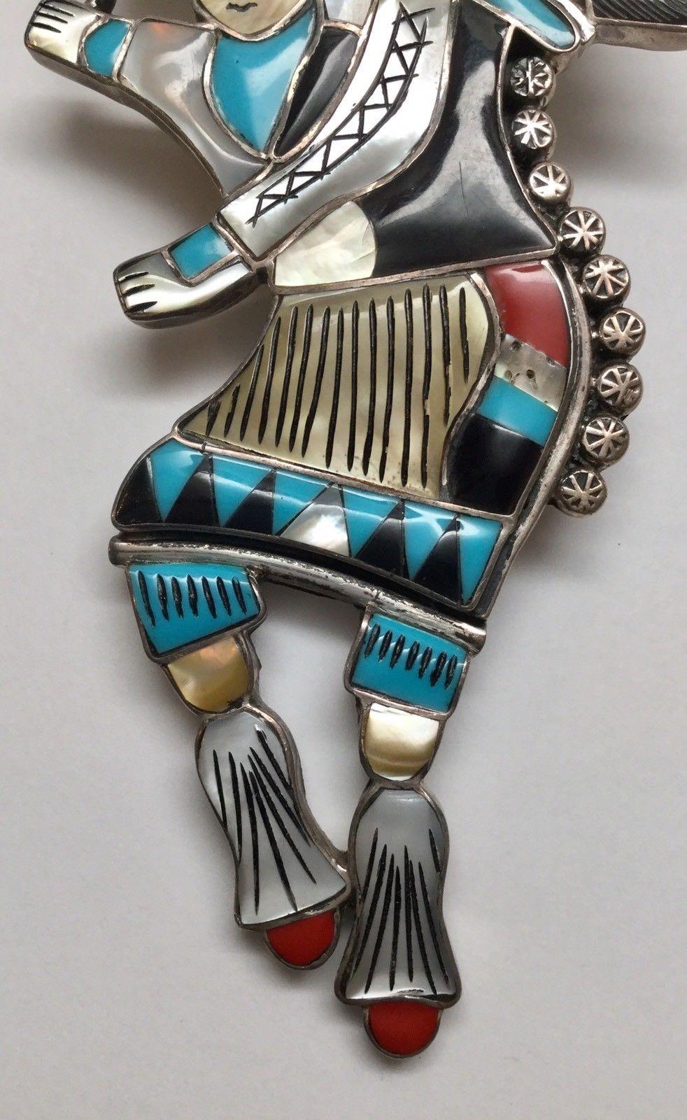 Men's Zuni Sterling Silver Multi Stone Inlay Tribal Dancer Bolo Tie Slide