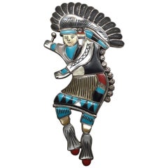 Zuni Sterling Silber Multi Stein Intarsien Tribal Dancer Bolo Krawatte Slide