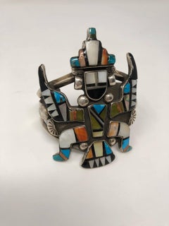 Zuni sterling silver turqouise, coral, mother of pearl inlay bracelet