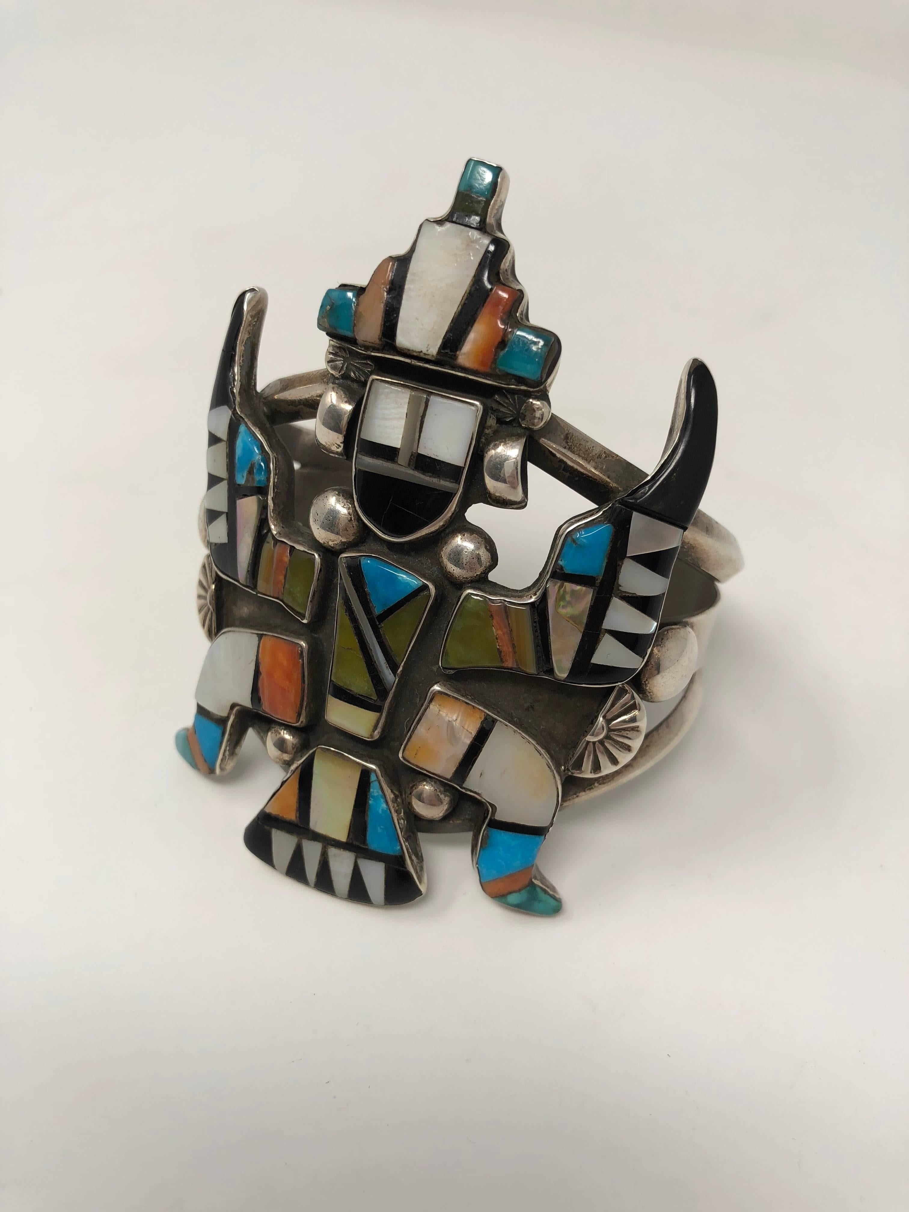 Native American Zuni sterling silver turqouise, coral, mother of pearl inlay bracelet