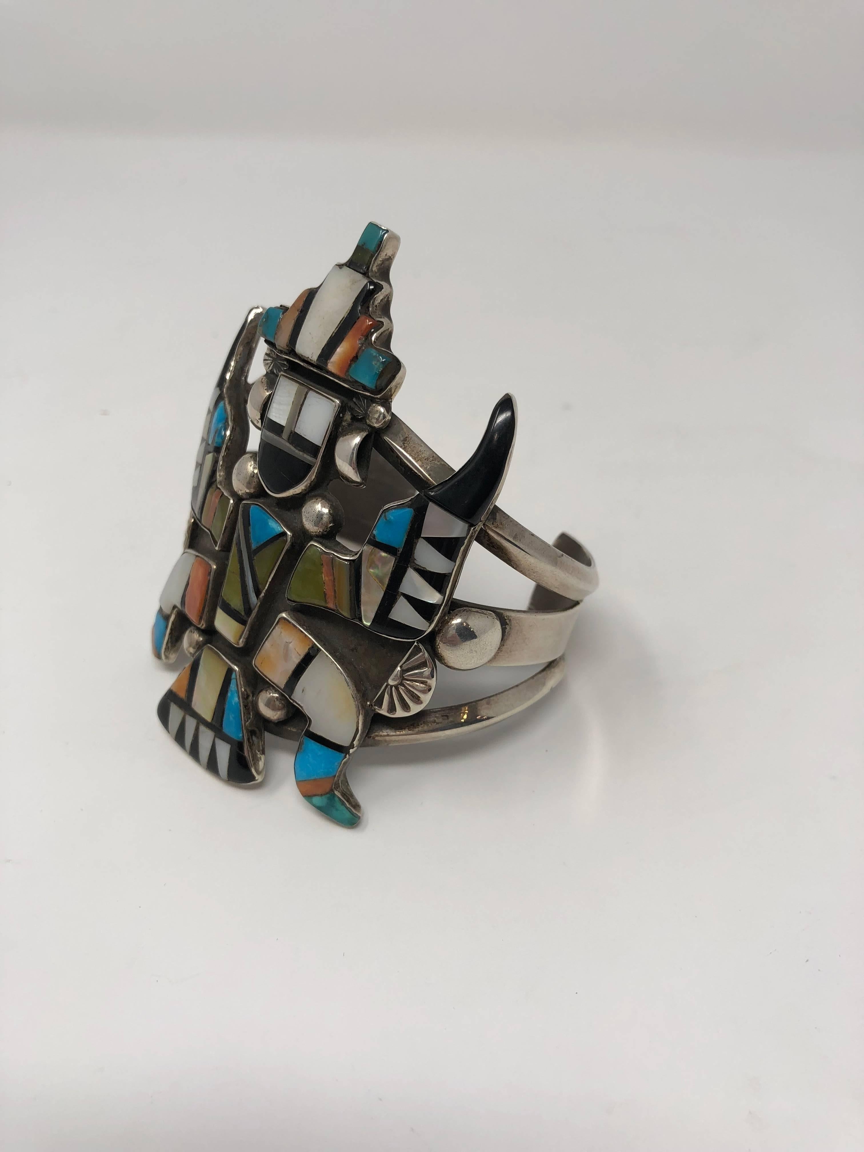 Zuni sterling silver turqouise, coral, mother of pearl inlay bracelet In Good Condition In Athens, GA