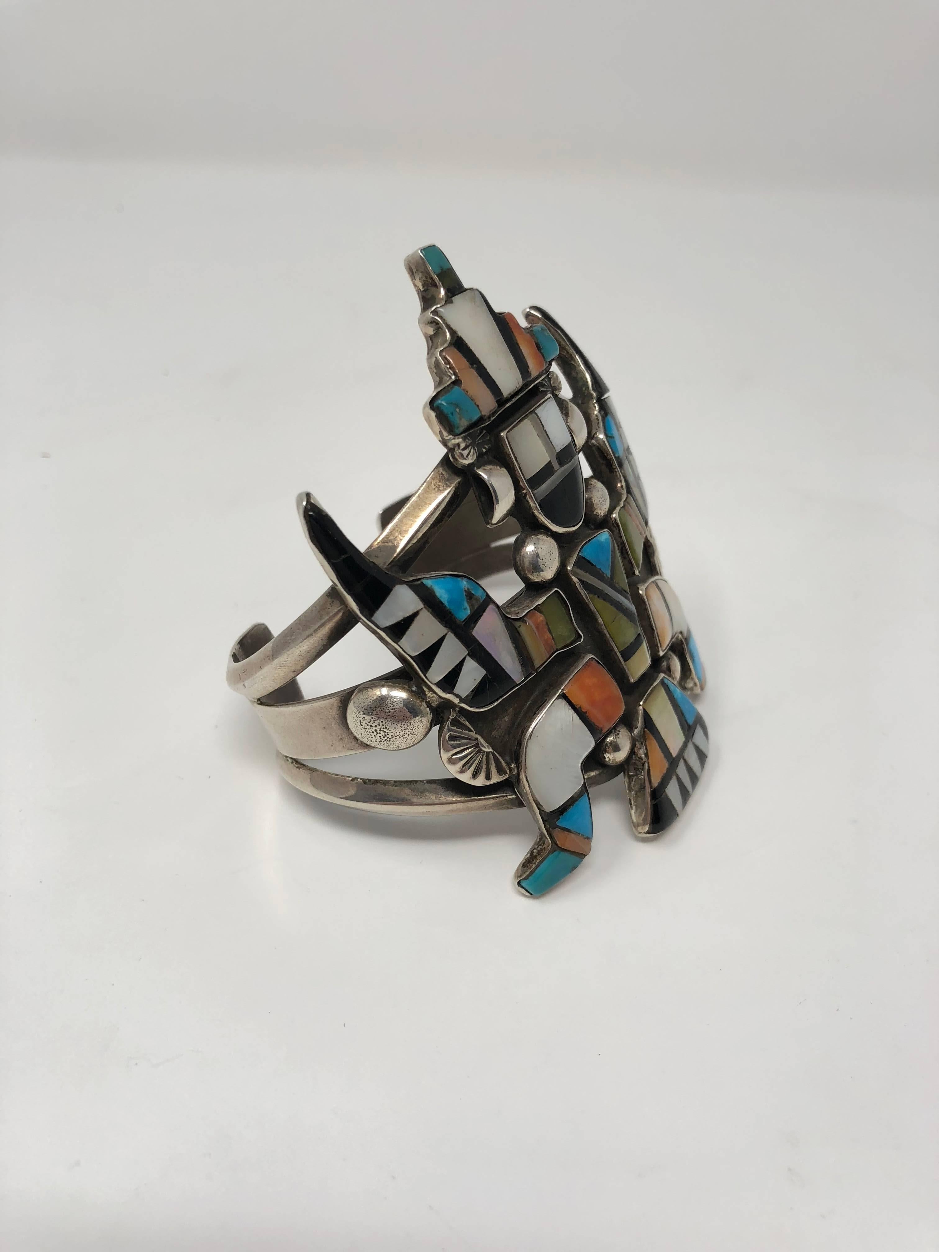 Women's or Men's Zuni sterling silver turqouise, coral, mother of pearl inlay bracelet