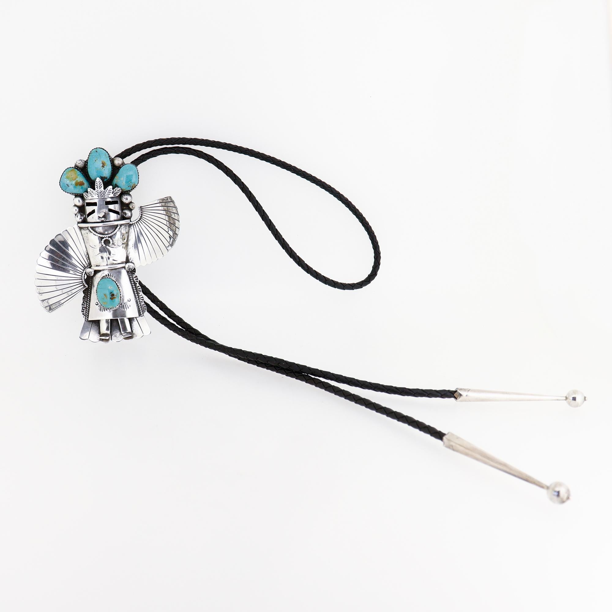 Zuni Sterling Silver & Turquoise Cabochon Kachina Bolo Tie For Sale