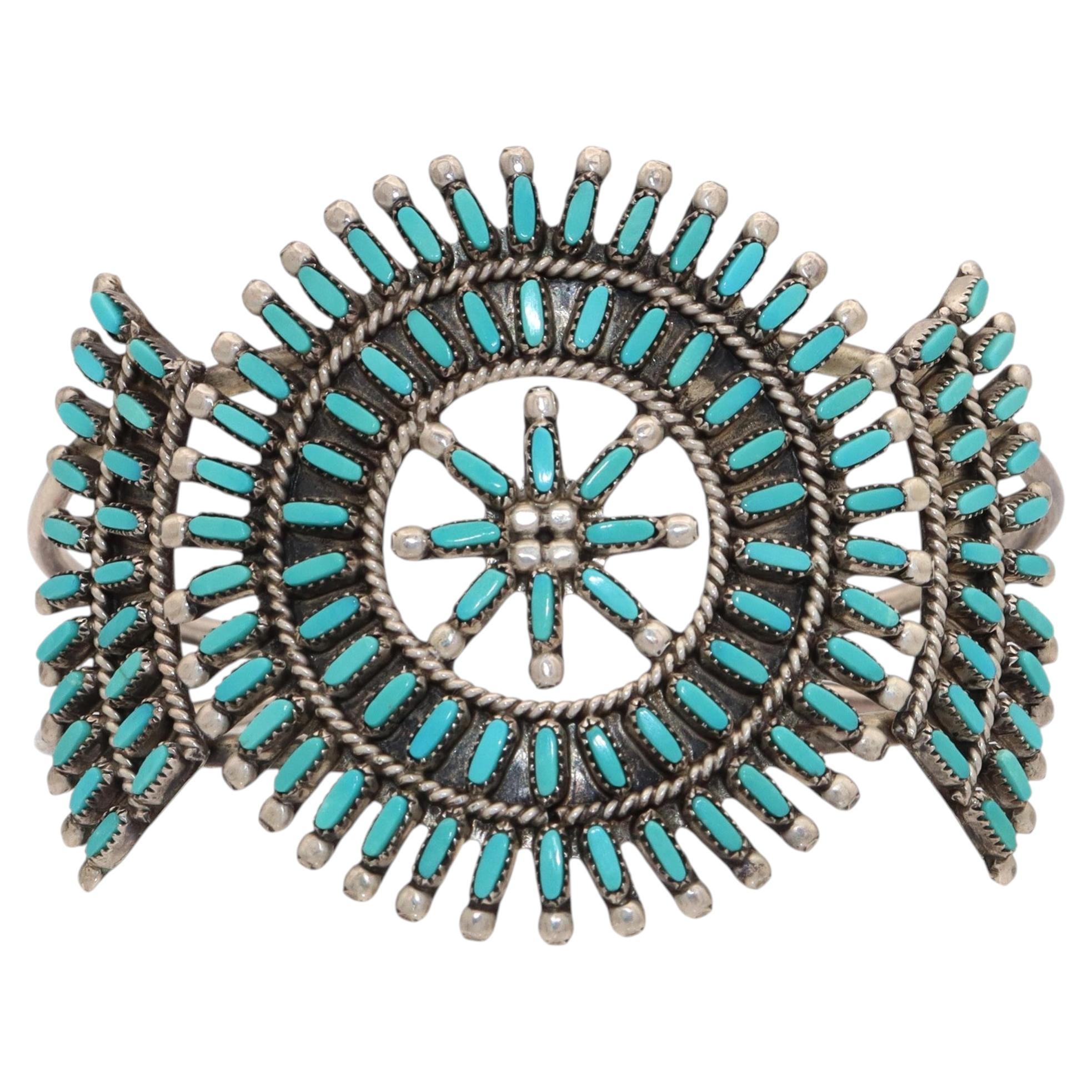 Zuni Sterling Silver Turquoise Needlepoint Cluster Cuff For Sale