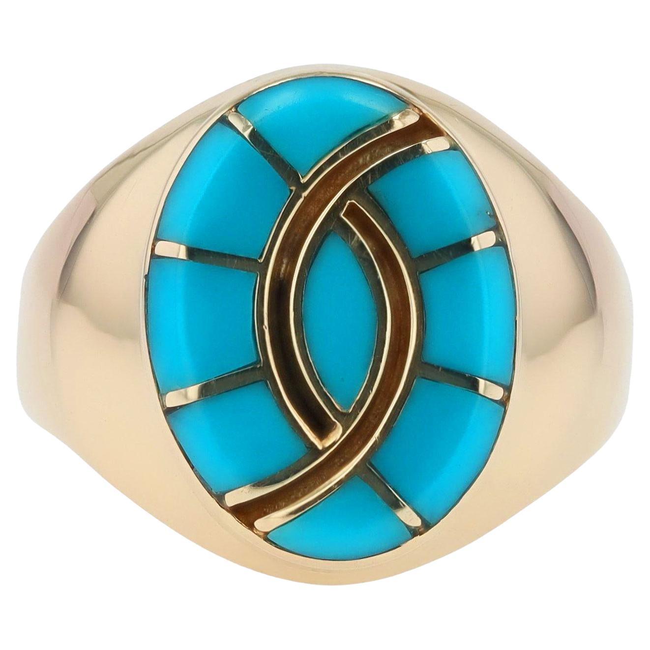 Signed Zuni or Navajo Turquoise Inlay Estate 14k Yellow Gold Ring