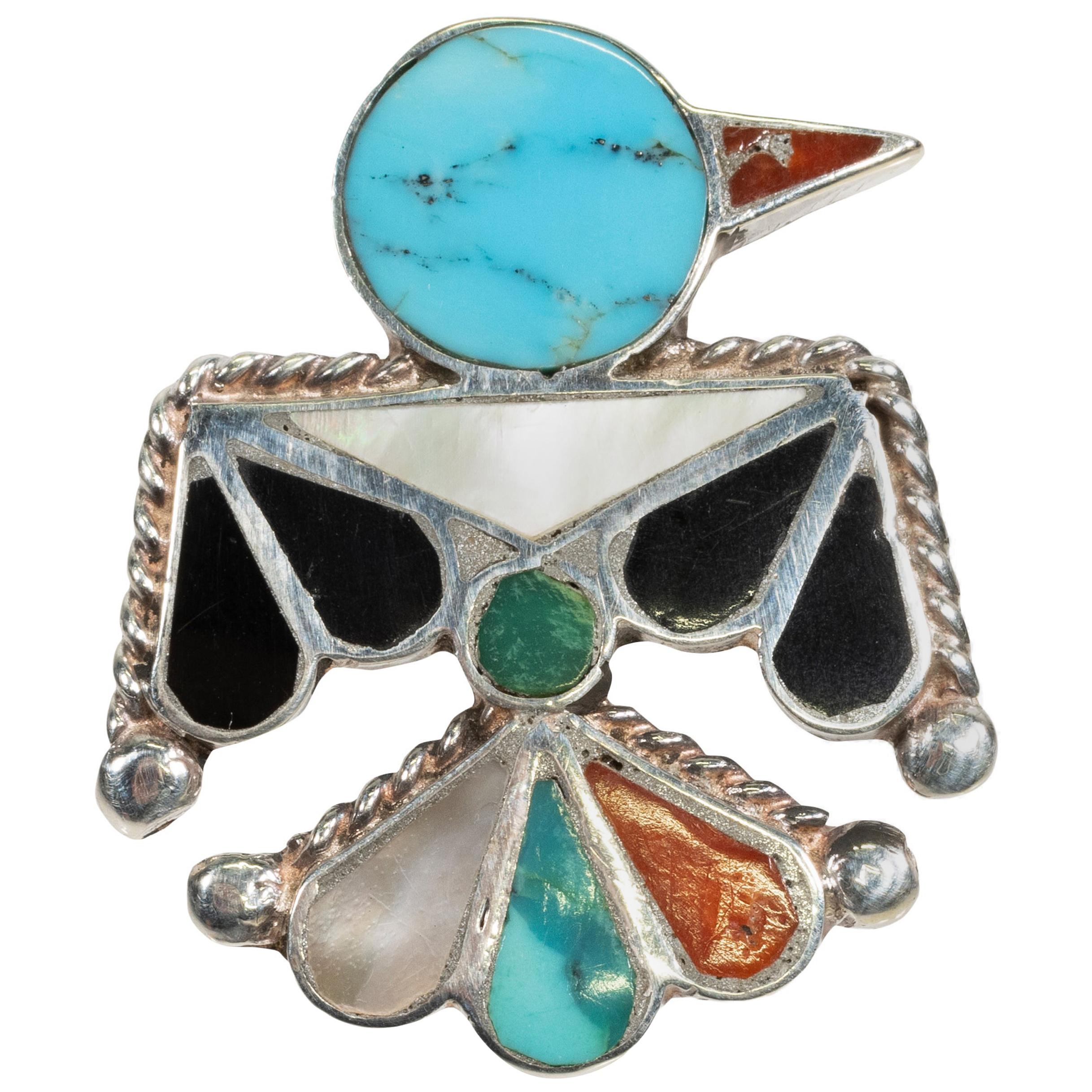 Zuni Thunderbird Turquoise and Sterling For Sale