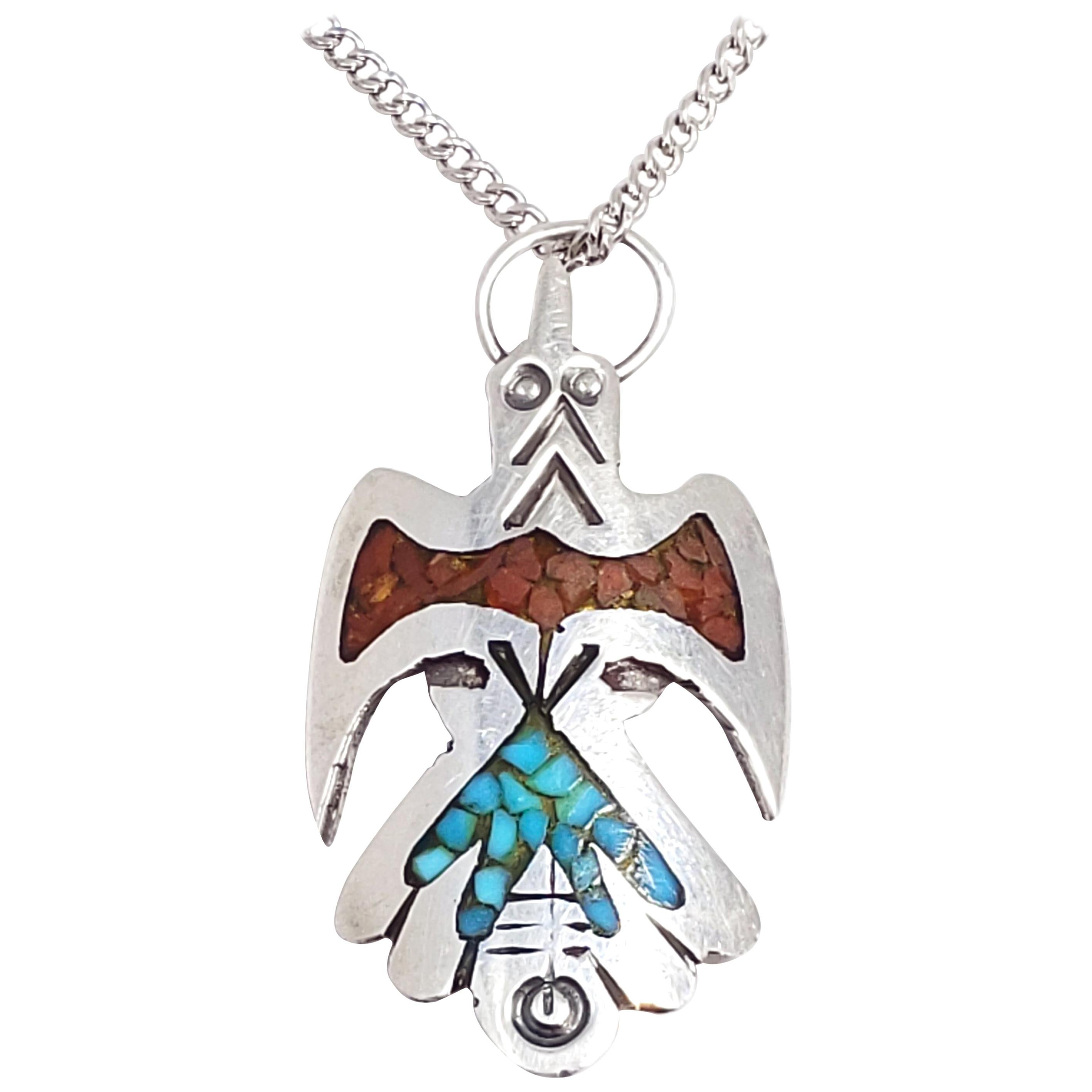 Navajo Large Teardrop Pendant Crushed Turquoise Coral Inlay Sterling Silver sALe SaLe