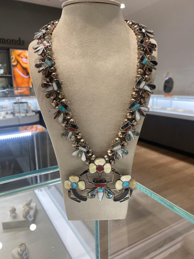 Zuni Tribe Vintage Inlaid Silver Necklace For Sale at 1stDibs