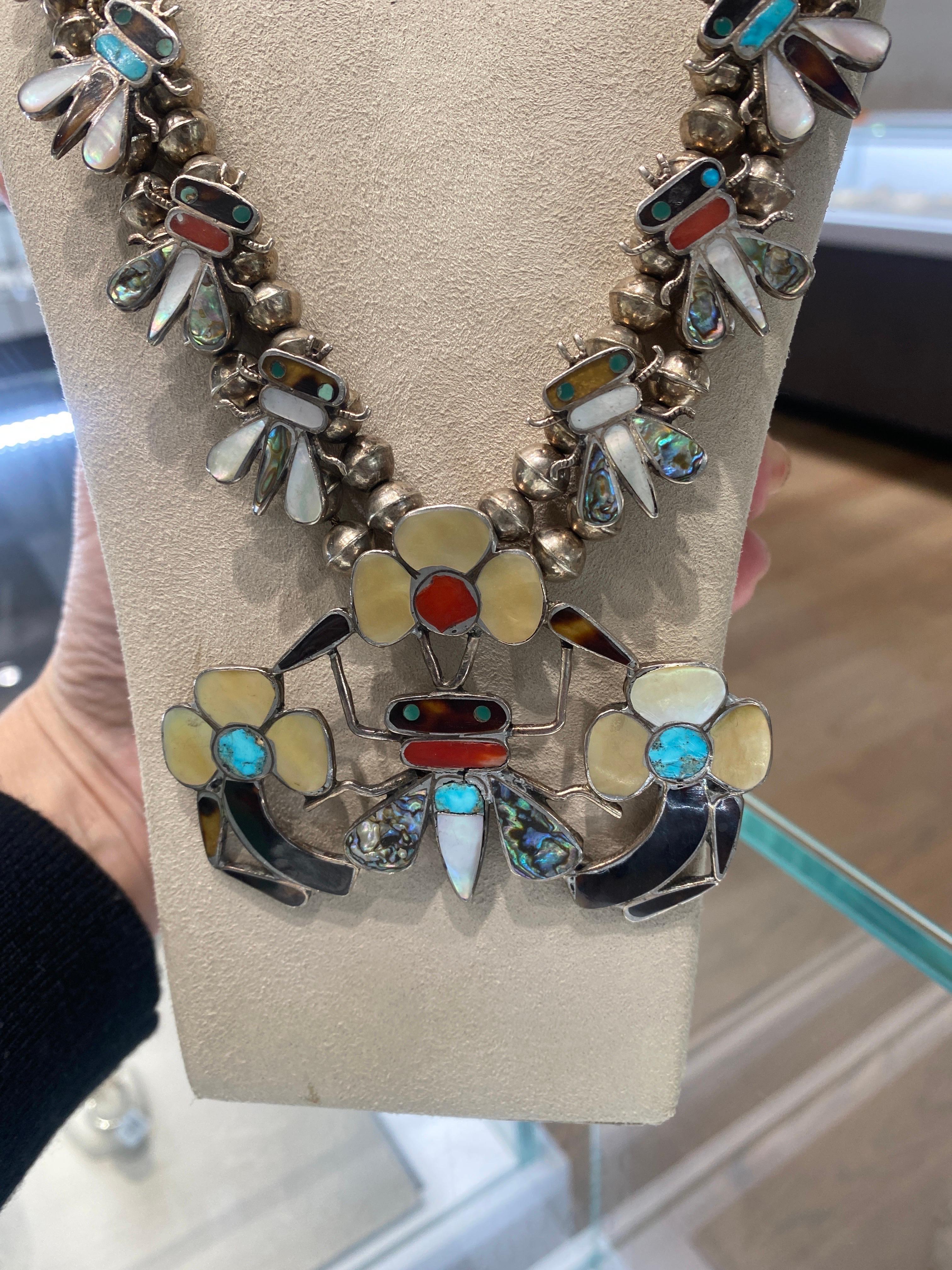 Zuni Tribe Vintage Inlaid Silver Necklace For Sale 3