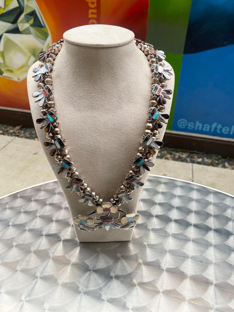 Zuni Tribe Vintage Inlaid Silver Necklace For Sale at 1stDibs