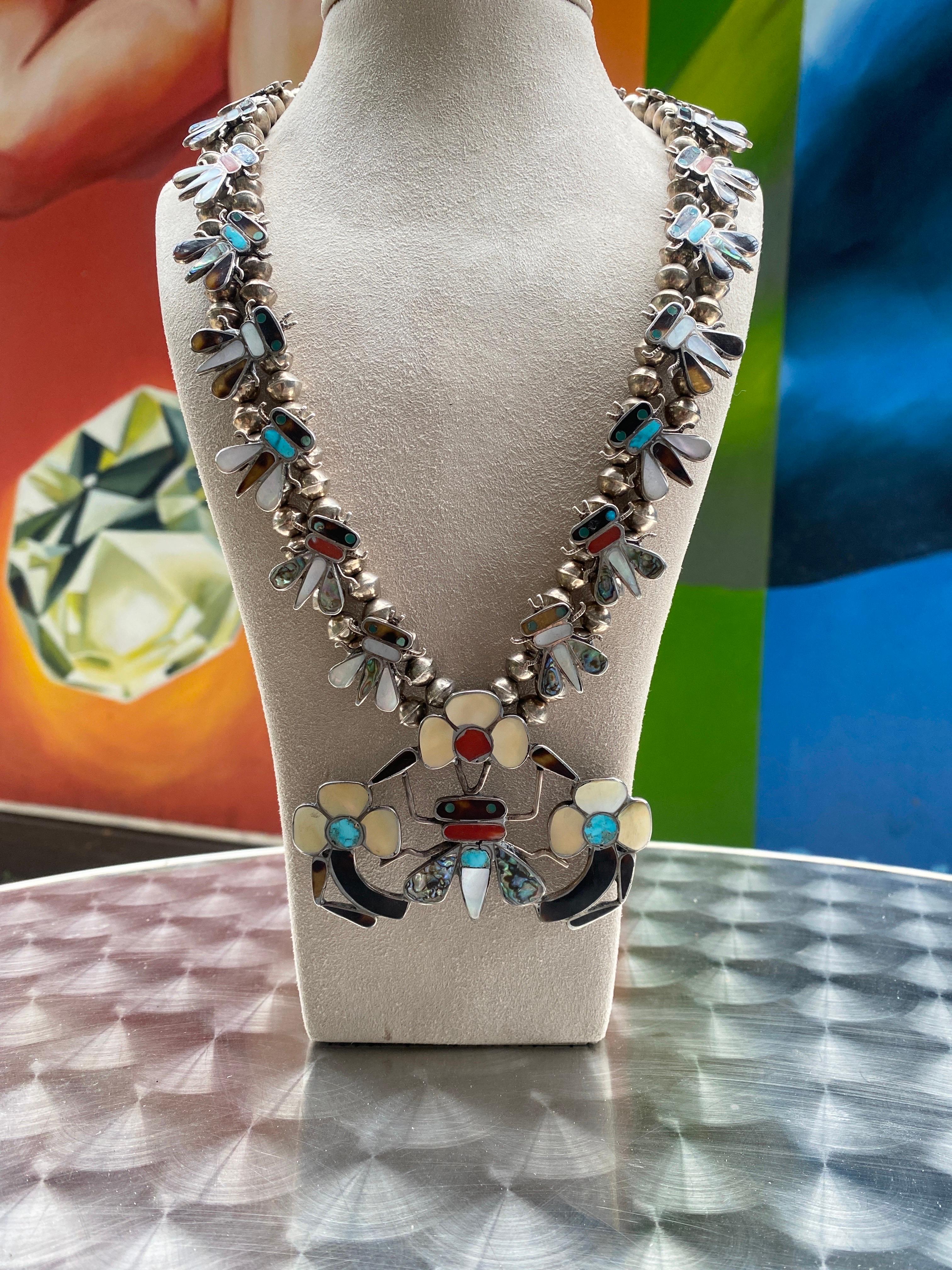 Zuni Tribe Vintage-Halskette mit Intarsien aus Silber im Zustand „Hervorragend“ im Angebot in Houston, TX